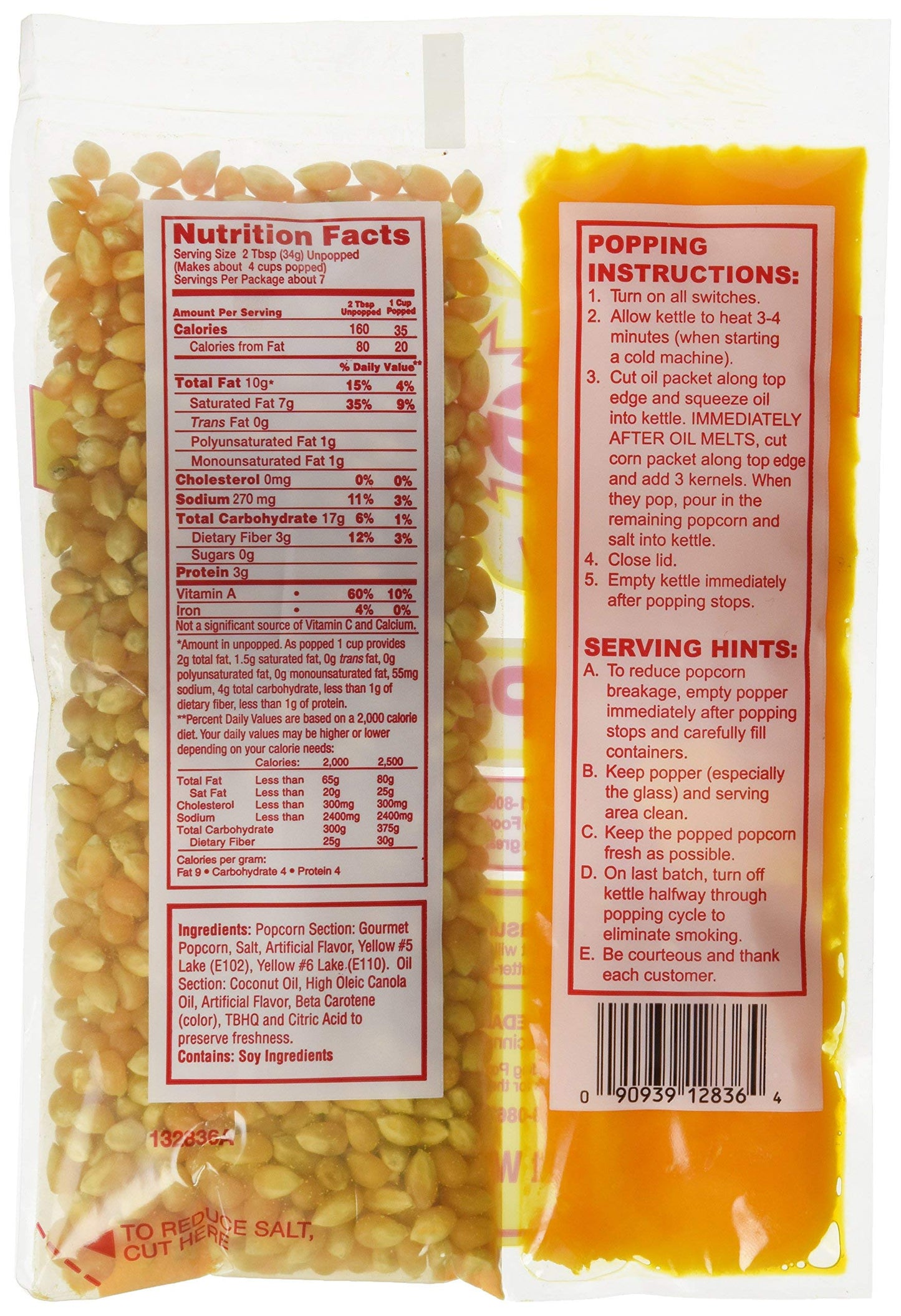 Gold Medal Popcorn Kit - Coconut Flavor, 8oz for 6oz Popper, 36 Count