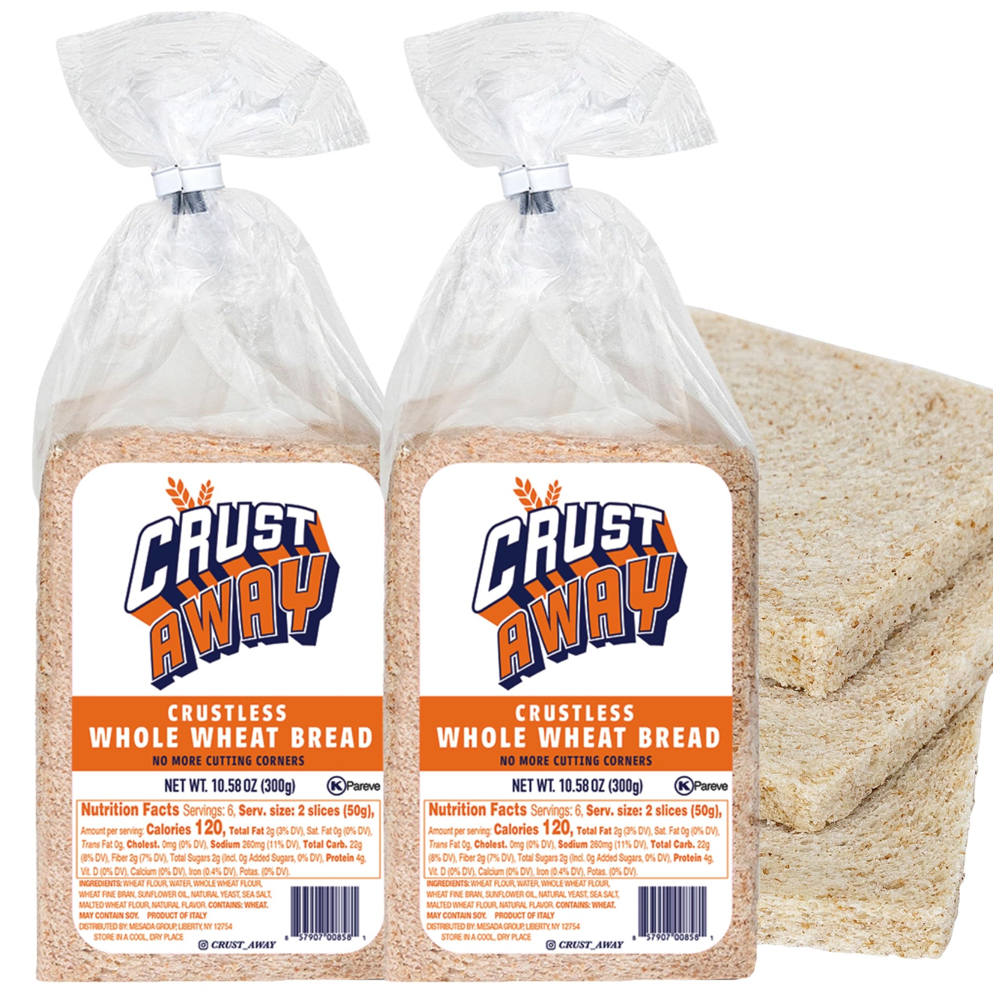 Crust Away Crustless Whole Wheat Bread - Clean Ingredients - Non-GMO, Kosher, All Natural - 14 Day Shelf Life - Pack of 2