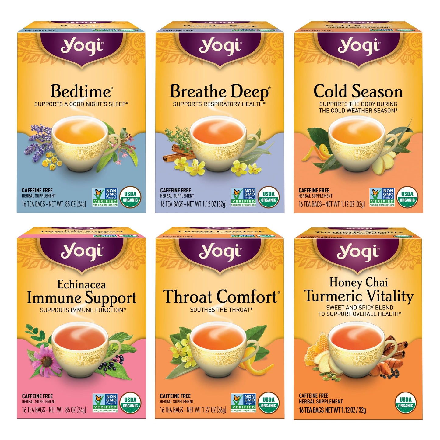Yogi Get Well Variety Pack Herbal Tea - Immune Support - 96 Organic Tea Bags - 16 Count (Pack of 6)
