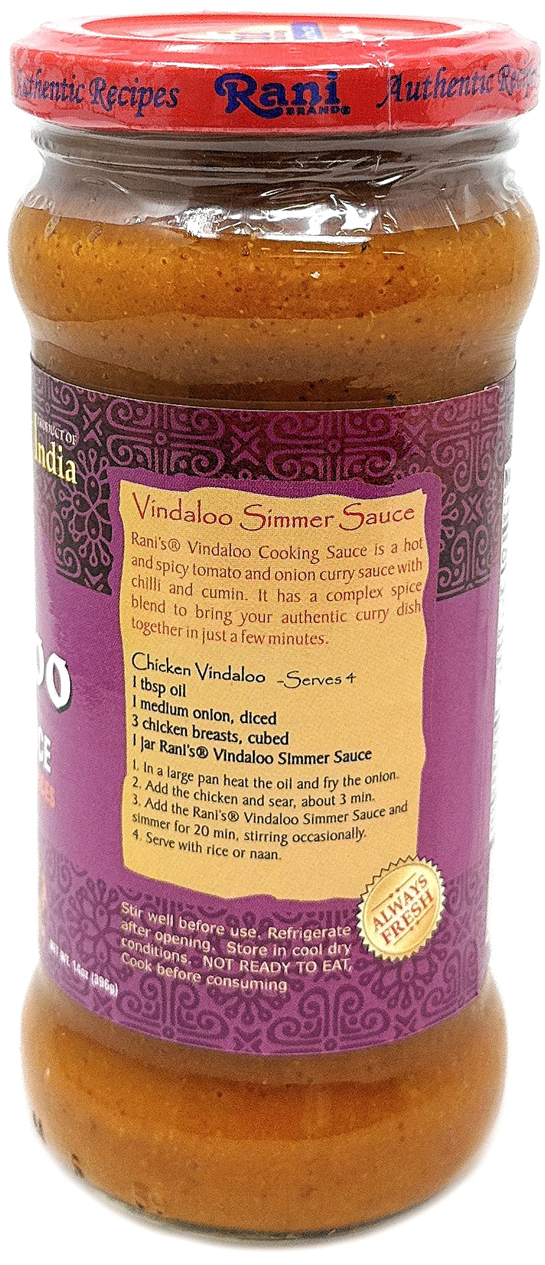 Rani Vindaloo Curry Vegan Simmer Sauce (Spicy Tomato, Red Peppers & Spices) 14Oz (400G) Glass Jar ~ Easy To Use | Vegan | No Col