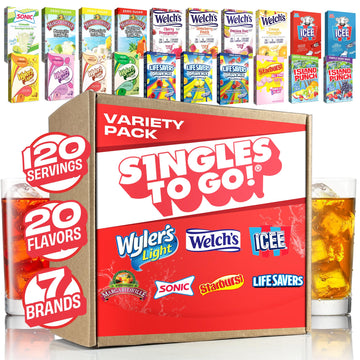 Singles To Go! 120ct Bulk Variety Pack - 20 Different Flavors from Margaritaville  Welchs  Lifesavers  and More - Sugar Free Drink Mix Packets - Sugar Free Water Flavoring Packets - Powdered Drink Mix