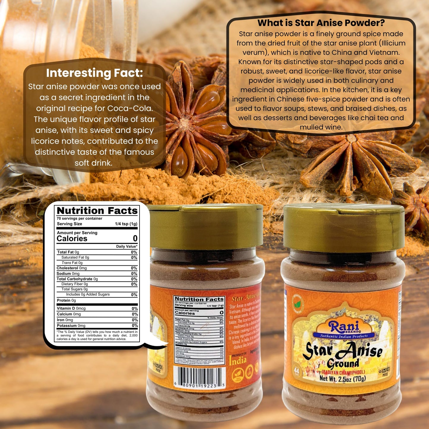 Rani Star Anise Powder (Badian Khatai) Ground Spice 2.5Oz (70G) Pet Jar ~ All Natural | Gluten Friendly | Non-Gmo | Kosher | Veg