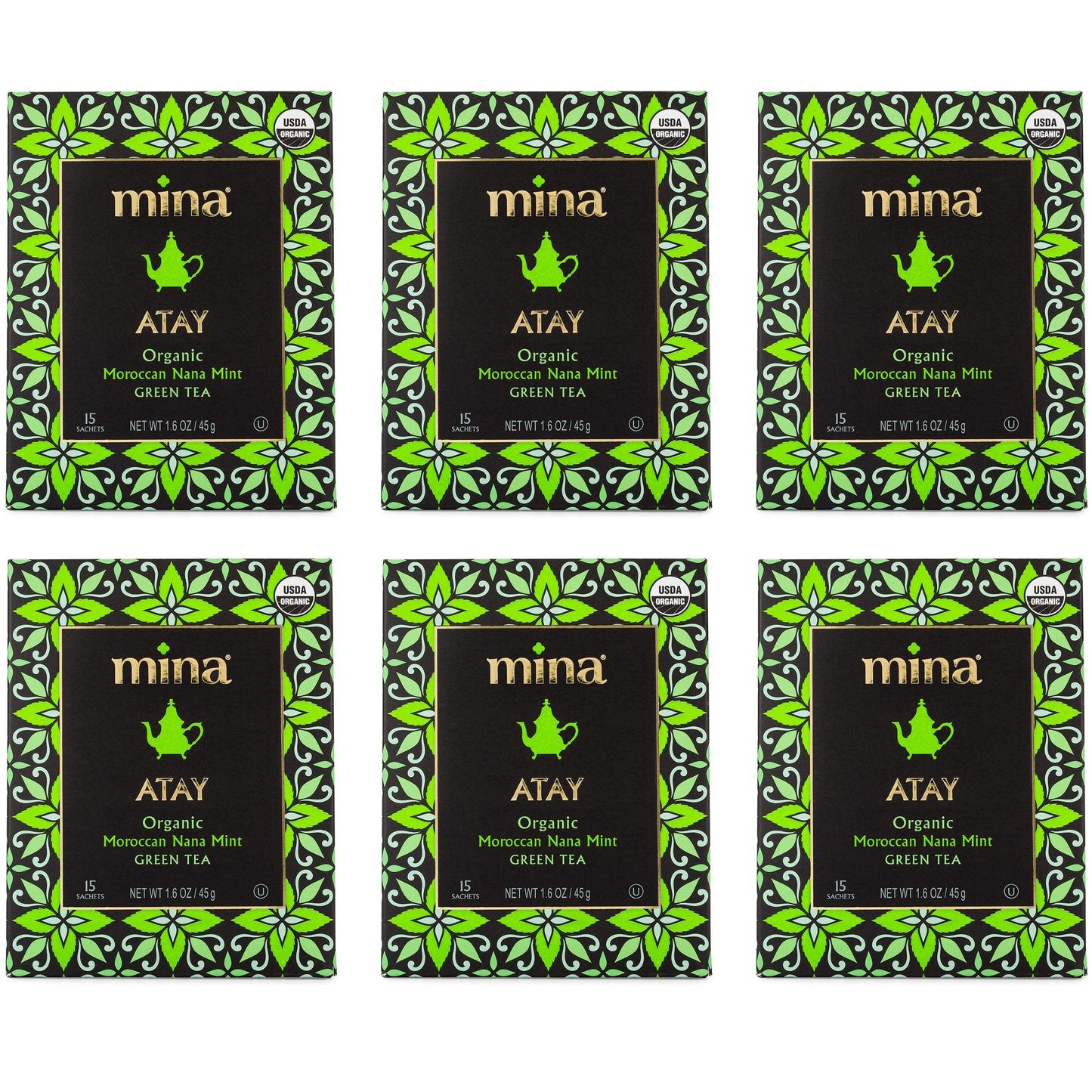 Mina Organic Moroccan Nana Mint Green Tea Bags, 15 Biodegradable Sachets, 6 Pack (90 Count) - Low Caffeine Refreshing Green Tea