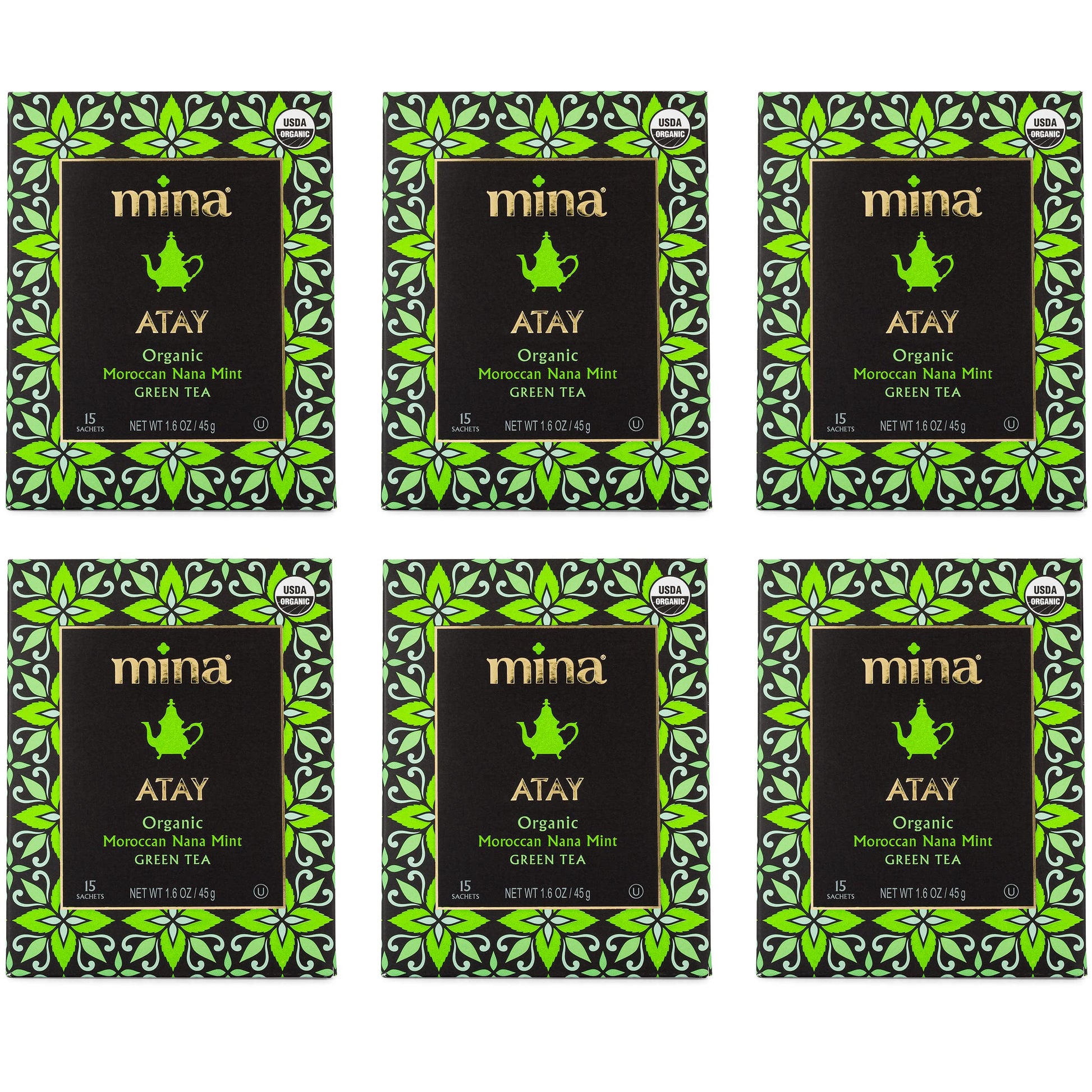 Mina Organic Moroccan Nana Mint Green Tea Bags, 15 Biodegradable Sachets, 6 Pack (90 Count) - Low Caffeine Refreshing Green Tea