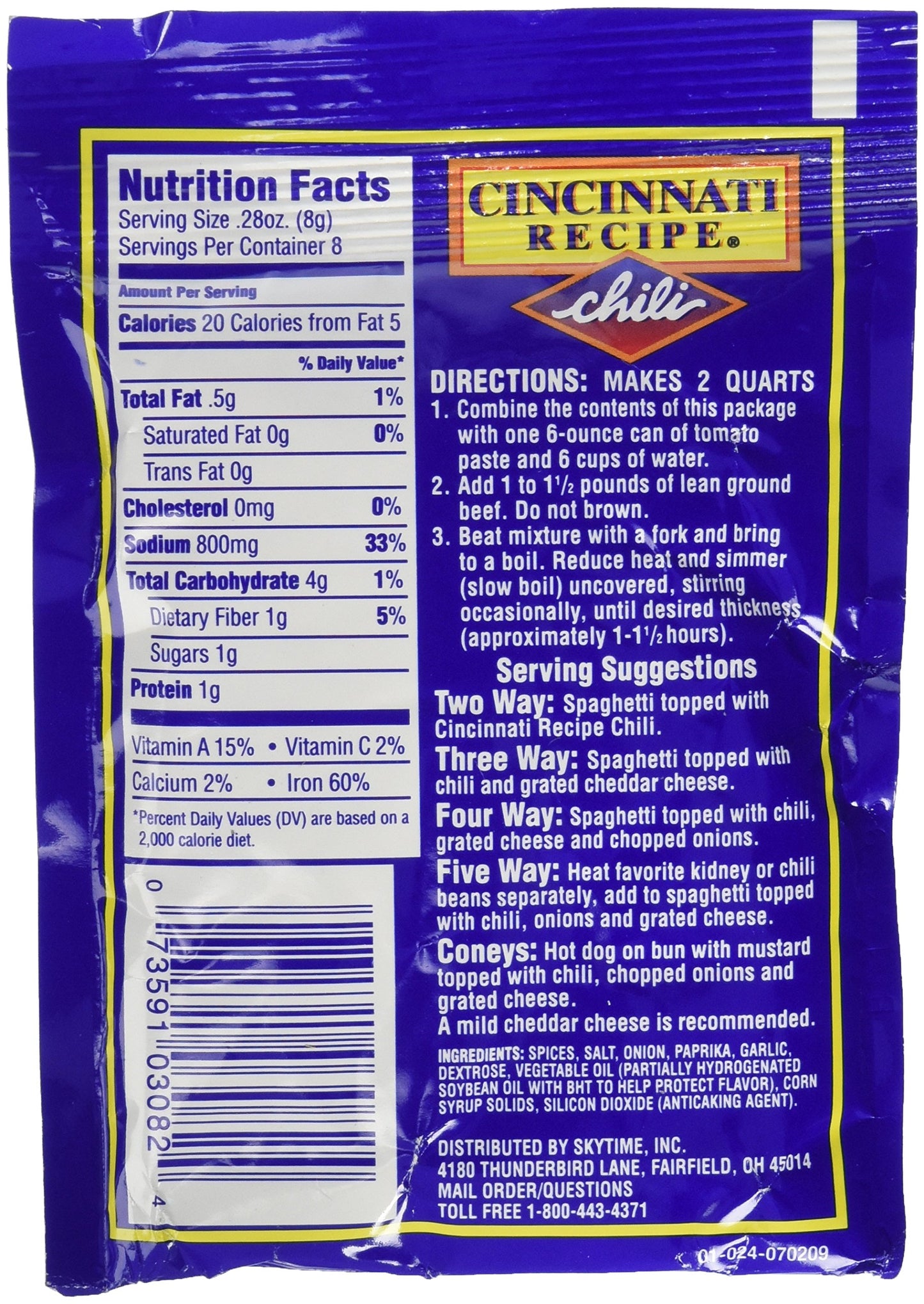 Skytime Cincinnati Chili Mix Packets, 6 Pack, 2.25 Ounce Each - Original Flavor, Perfect for Authentic Chili Dishes