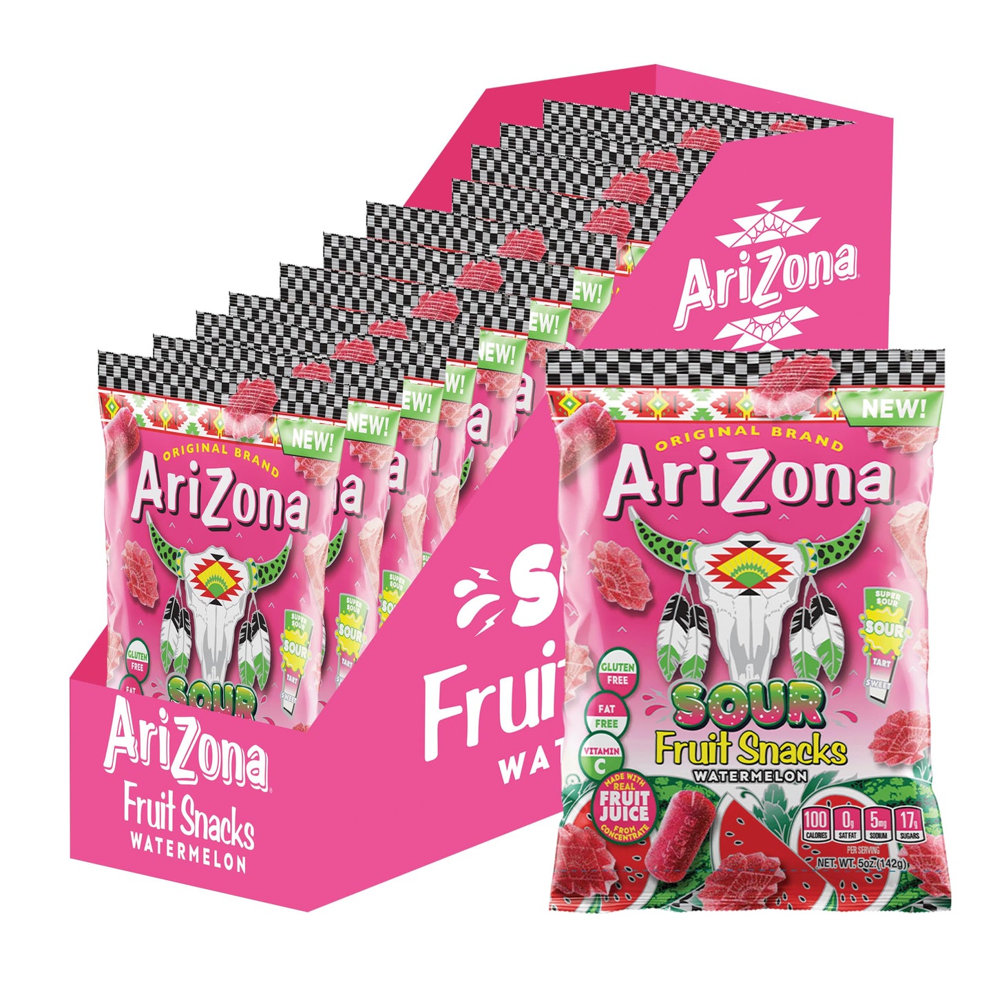 AriZona Fruit Snacks, Sour Watermelon - NEW - 5 Ounce Bags (Pack of 12) - Gluten Free - Gummy Chews