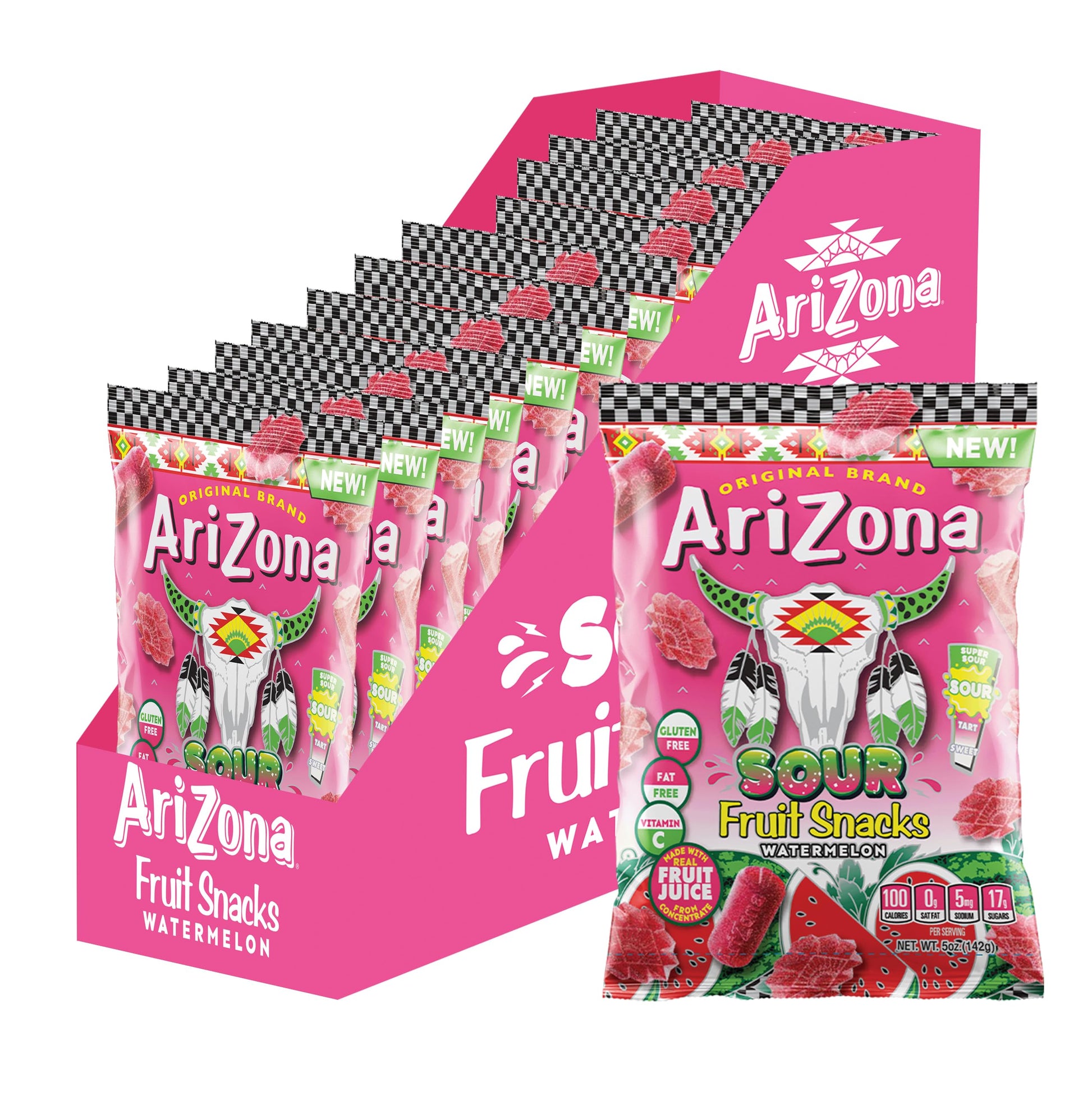 AriZona Fruit Snacks, Sour Watermelon - NEW - 5 Ounce Bags (Pack of 12) - Gluten Free - Gummy Chews