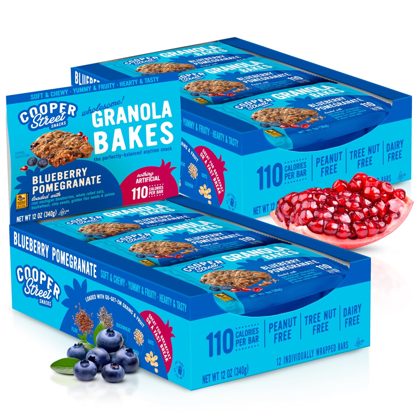 Cooper Street - Chewy Granola Bakes, Blueberry Pomegranate Oatmeal Cookies, Alternative To Granola Bars & Fruit And Vegetable Bars, No Nuts, Dairy, Soy & Artificial Ingredients, 12Ct Economy 2 Packs