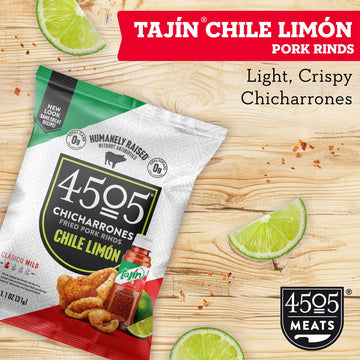 4505 Tajin Seasoned Chicharrones, Fried Pork Rinds - Chile Limon Mild Flavored Pork Skins - Low Carb, Gluten-Free, Protein Snack