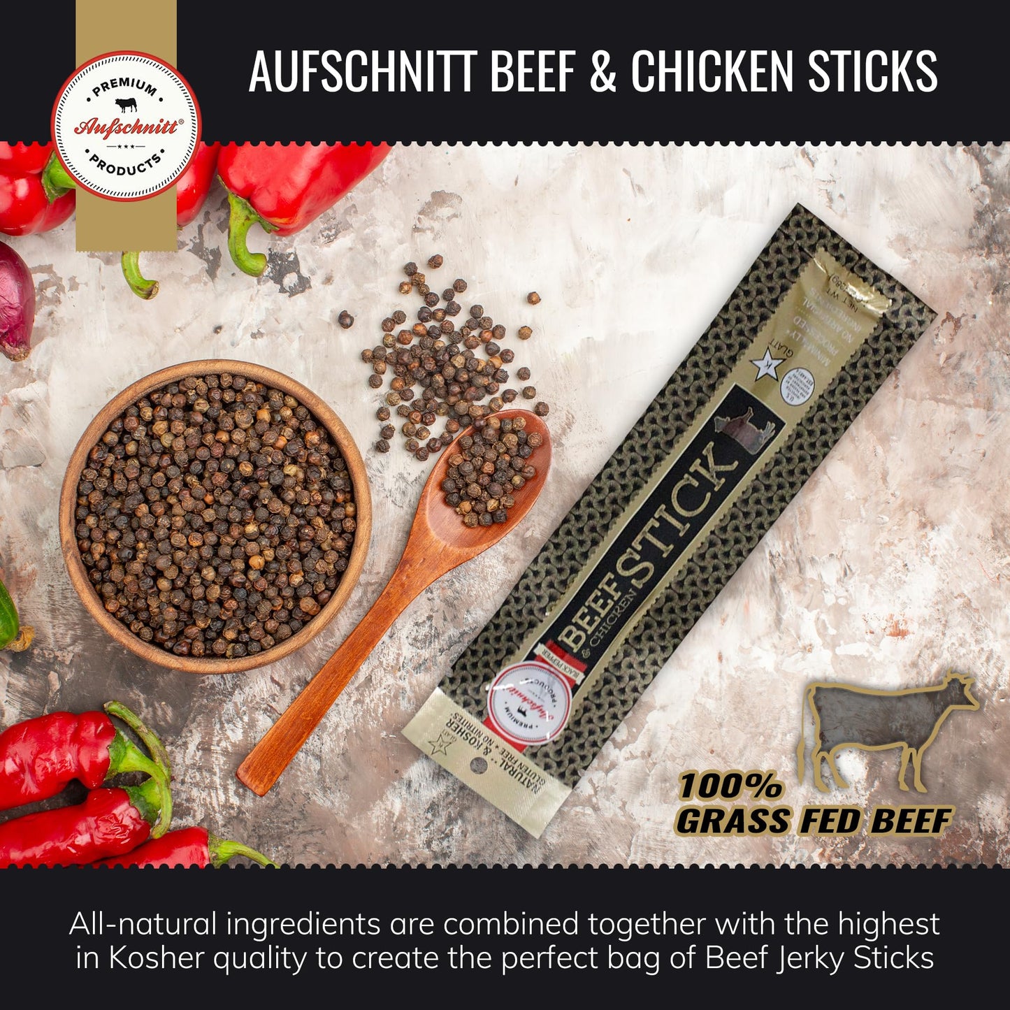 Premium Aufschnitt Grass Fed Beef Jerky Sticks, Low Sodium, Keto & Halal Friendly, 1 Ounce (Pack of 6) - Pepper