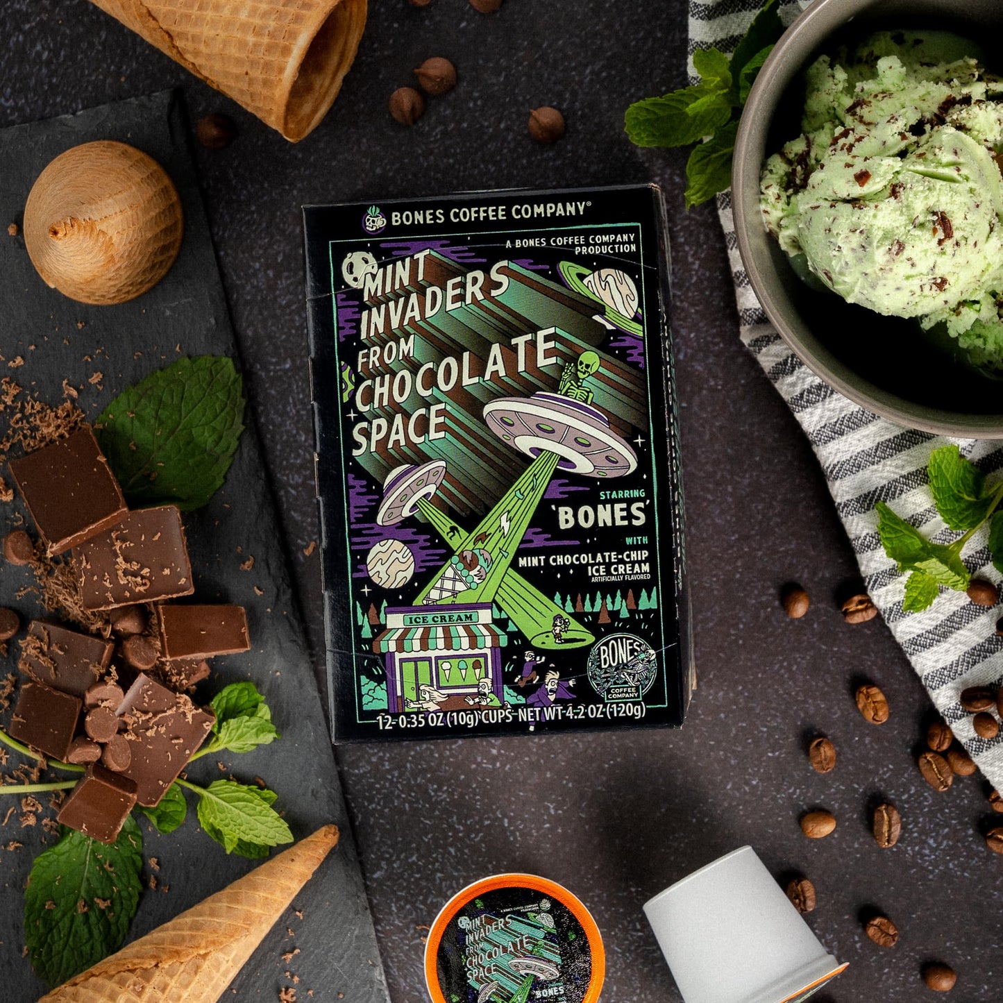 Bones Coffee Company Mint Invaders, Mint Chocolate Chip Flavored Coffee Pods, Low Acid Medium Roast Single-Serve Bones Cups, Compatible With Capsule Malt-Inspired Coffee Maker, 12 Count