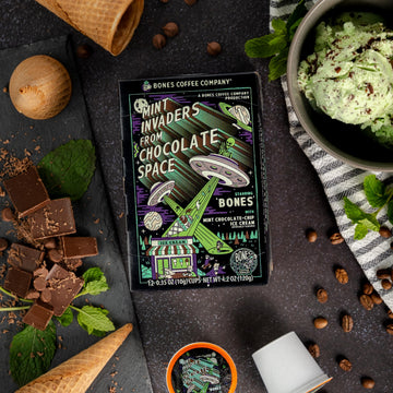 Bones Coffee Company Mint Invaders, Mint Chocolate Chip Flavored Coffee Pods, Low Acid Medium Roast Single-Serve Bones Cups, Compatible With Capsule Malt-Inspired Coffee Maker, 12 Count