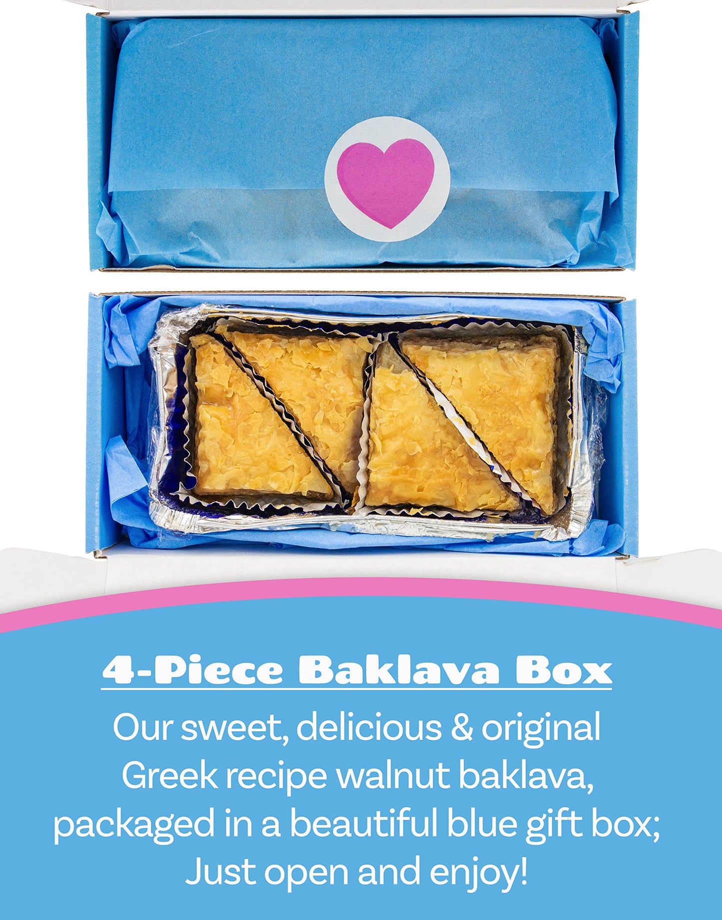 Bakluva 4-Piece Baklava Pastry Dessert Gift Box - (4) Large 2.3 Oz (66 Gram) Pieces - Perfect For Gifts, Parties, And More