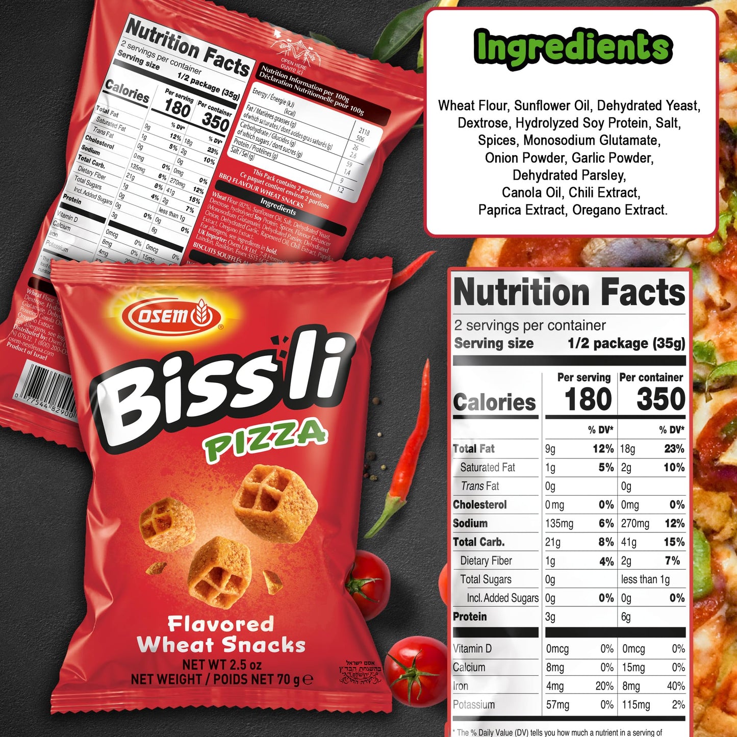 Bissli Pizza Flavored Crunchy Wheat Snack Perfect Lunch Snack for Kids & Adults 2.5oz Bag (Pack of 24)