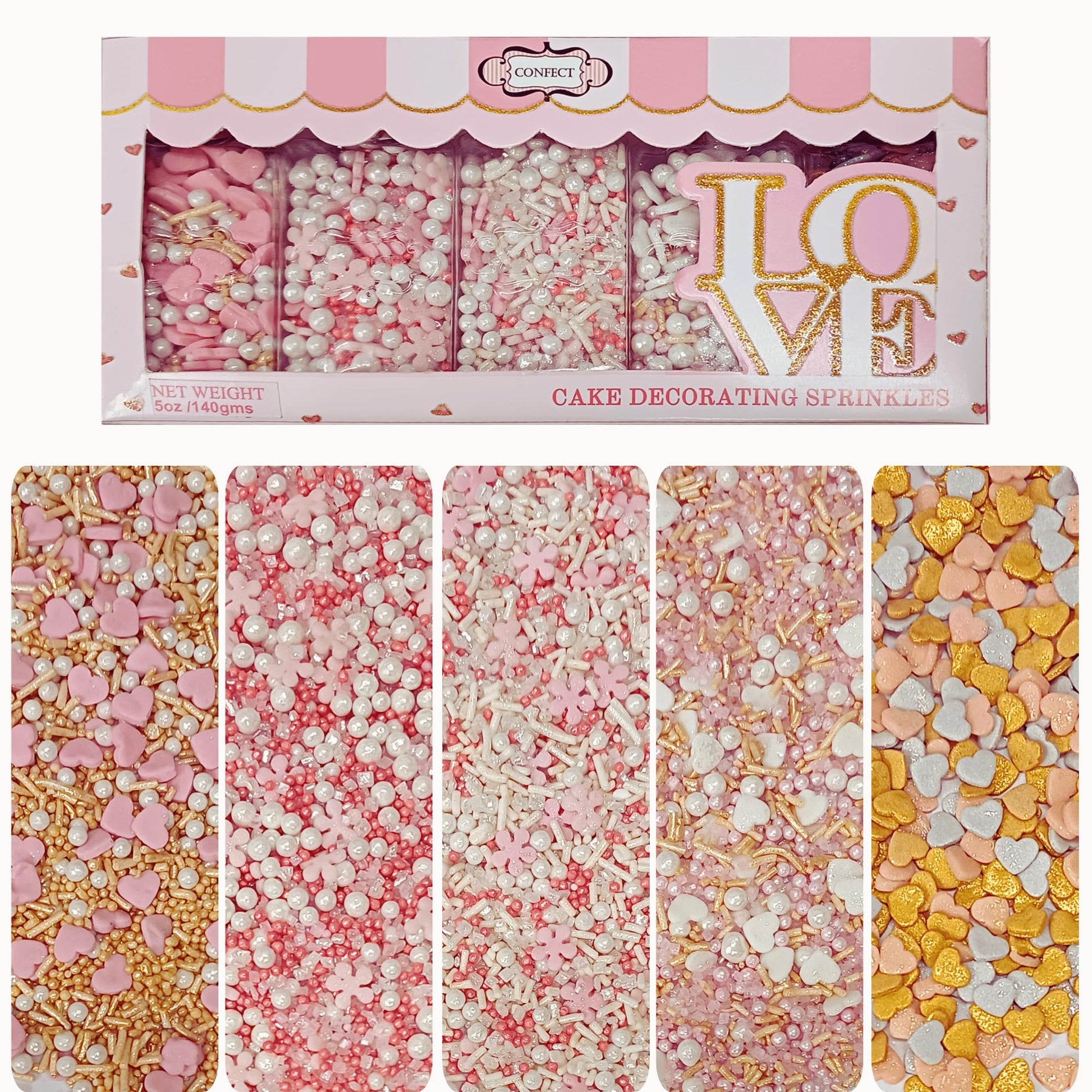 Confect Pink, Silver, Gold & White Pearl Sprinkles Mix - Edible Baking Decorations for Cakes, Cupcakes, Cookies - Valentines & C