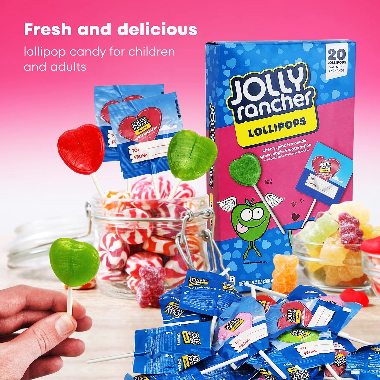 Jollyrancher Heart Lollipops - 20 Pcs Heart Shaped Lollipops - Valentines Pack - Delicious Valentines Day Candy In Sealed Bags -