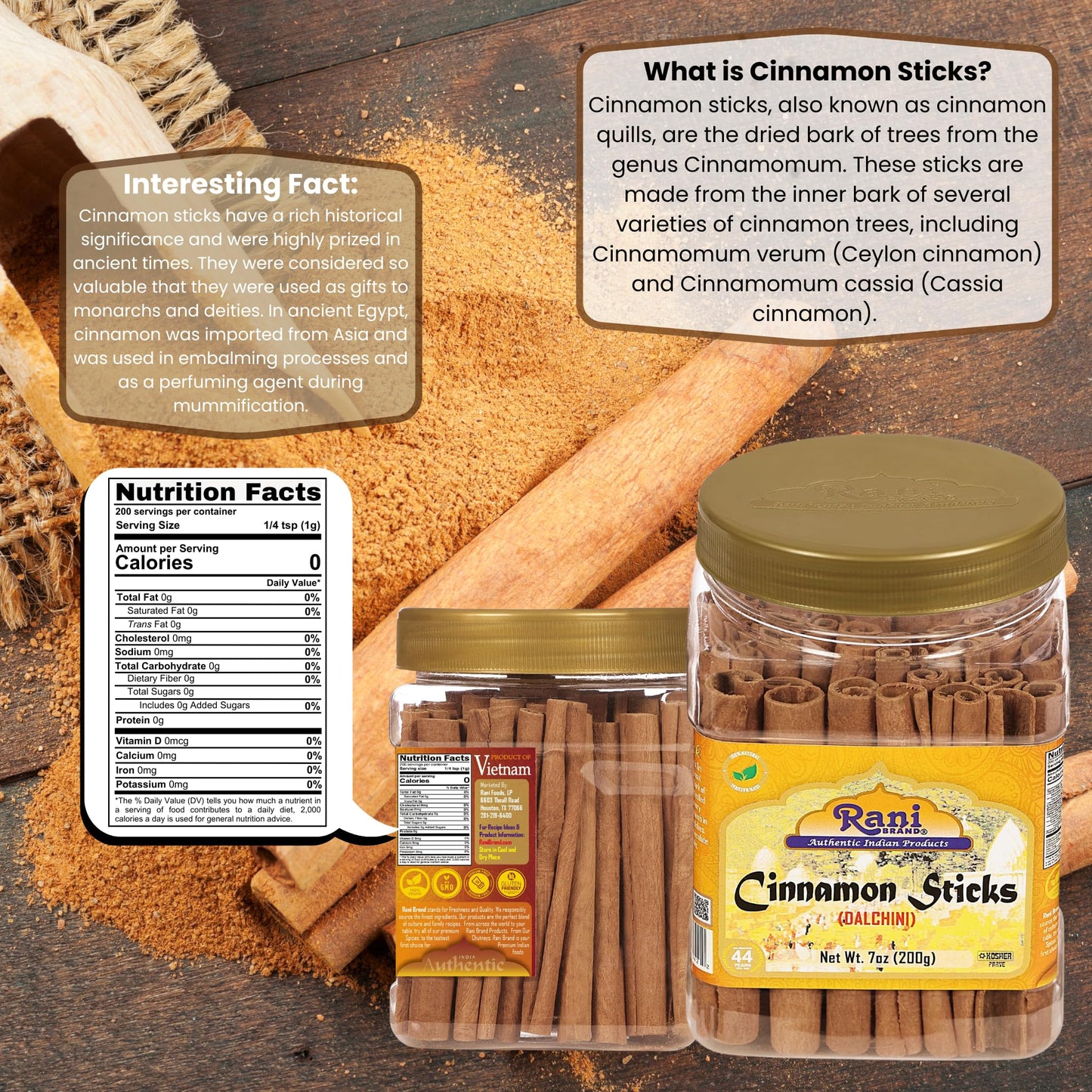 Rani Cinnamon Sticks - Strong Aroma, 7oz (200g) PET Jar, 36-44 Sticks, 3+ Inches Length, Cassia Saigon Cinnamon from Vietnam, Kos