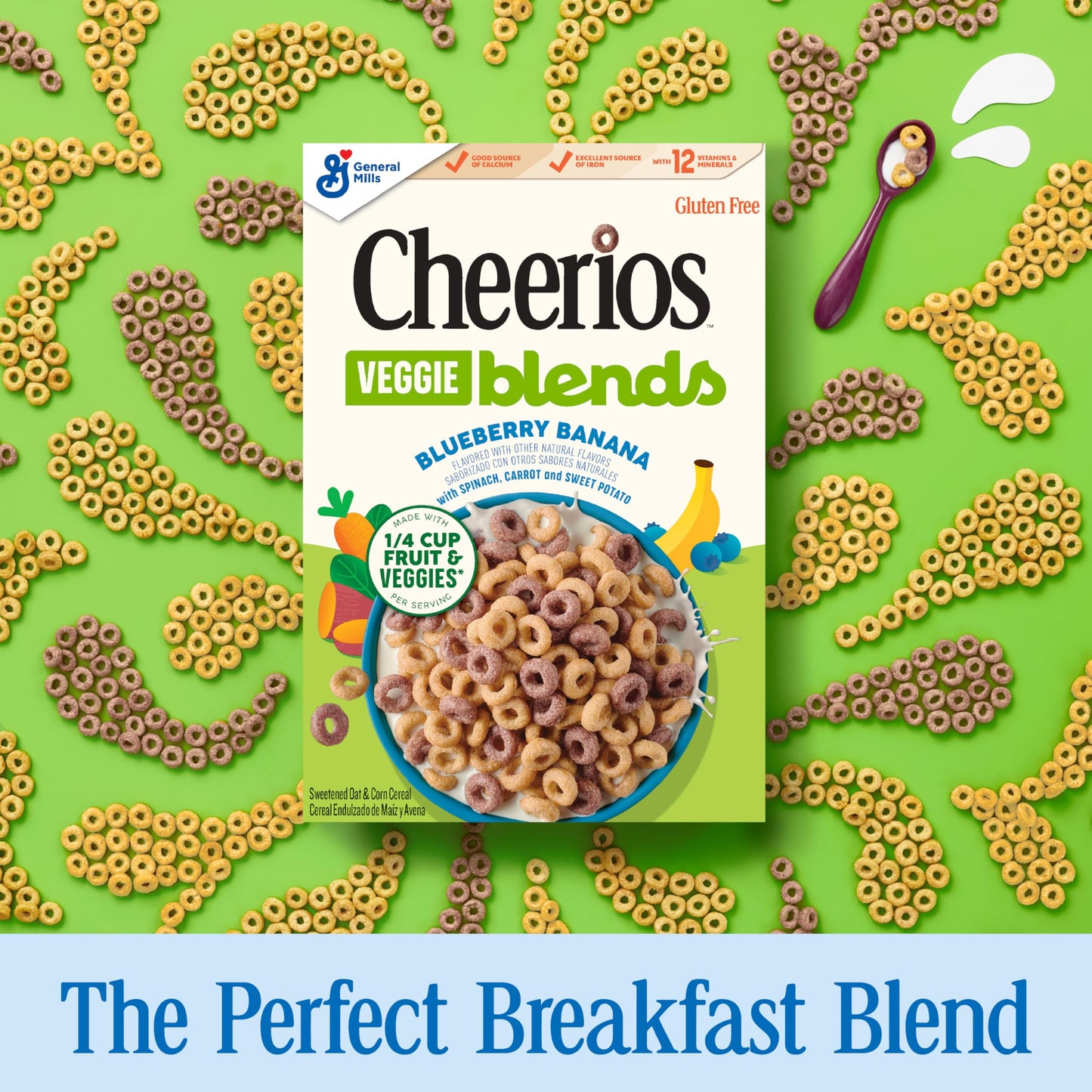Cheerios Veggie Blends Breakfast Cereal, Blueberry Banana, Made with Fruits and Veggies, 10.6 oz
