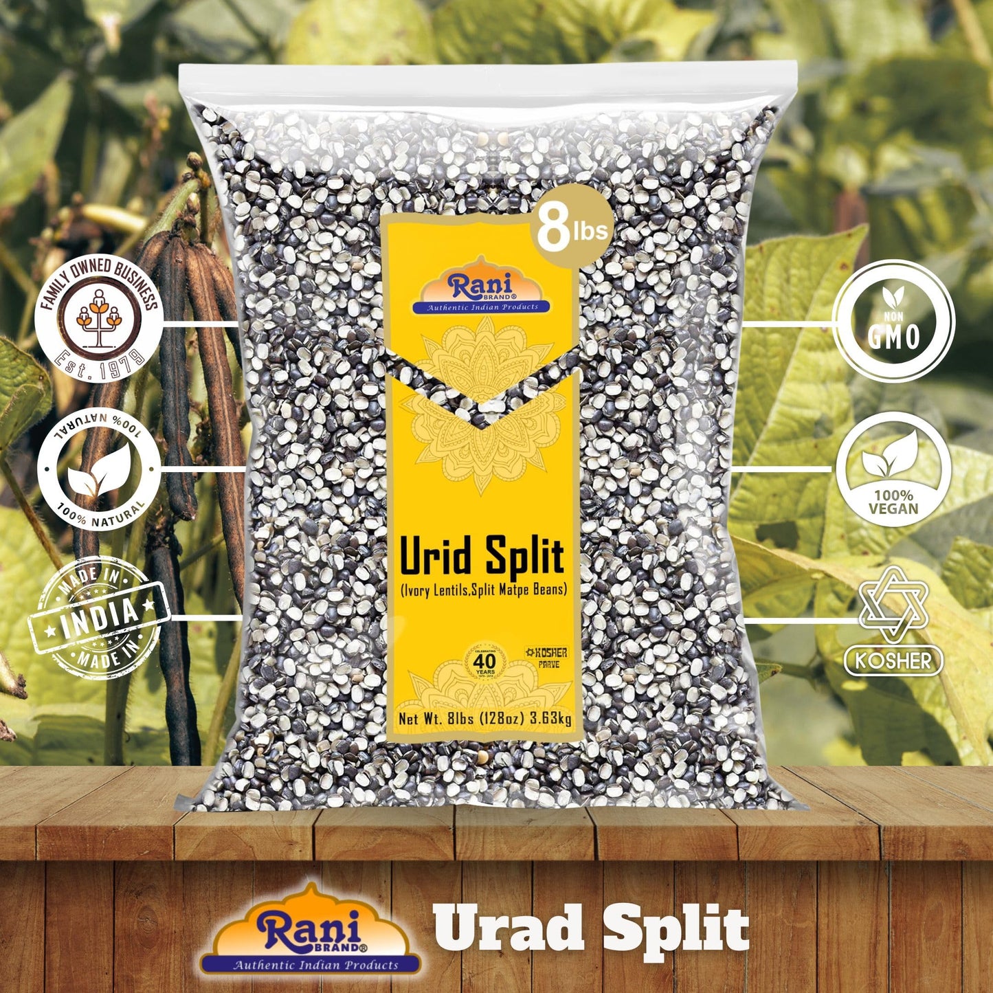 Rani Urid/Urad Split Chilka (Split Matpe Beans With Skin) Indian Lentils 128Oz (8Lbs) 3.63Kg Bulk ~ All Natural | Gluten Friendl