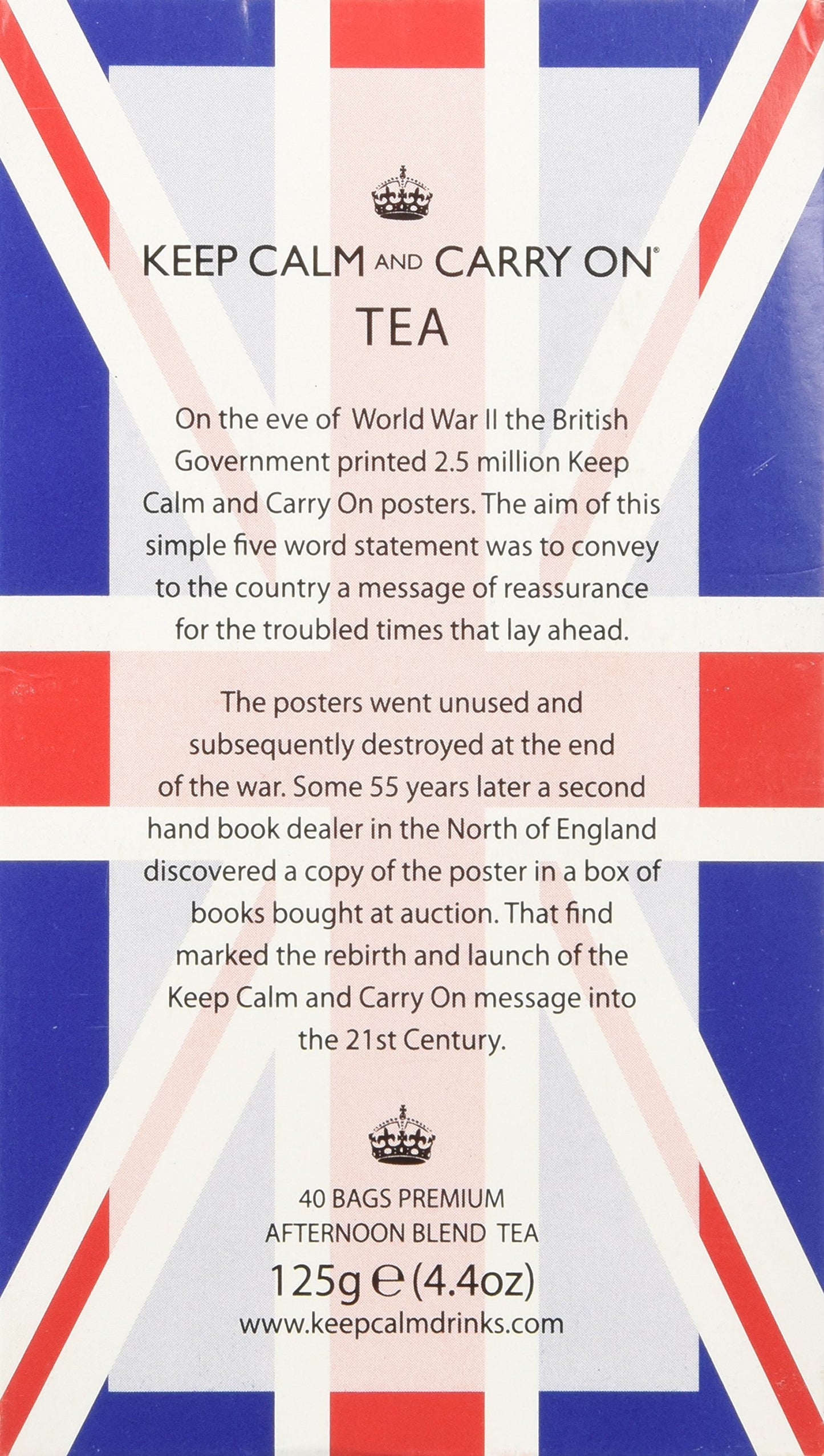 Keep Calm And Carry On Tea Carton Box, Afternoon Blend Tea (40 Bags, 125G, 4.4Oz)
