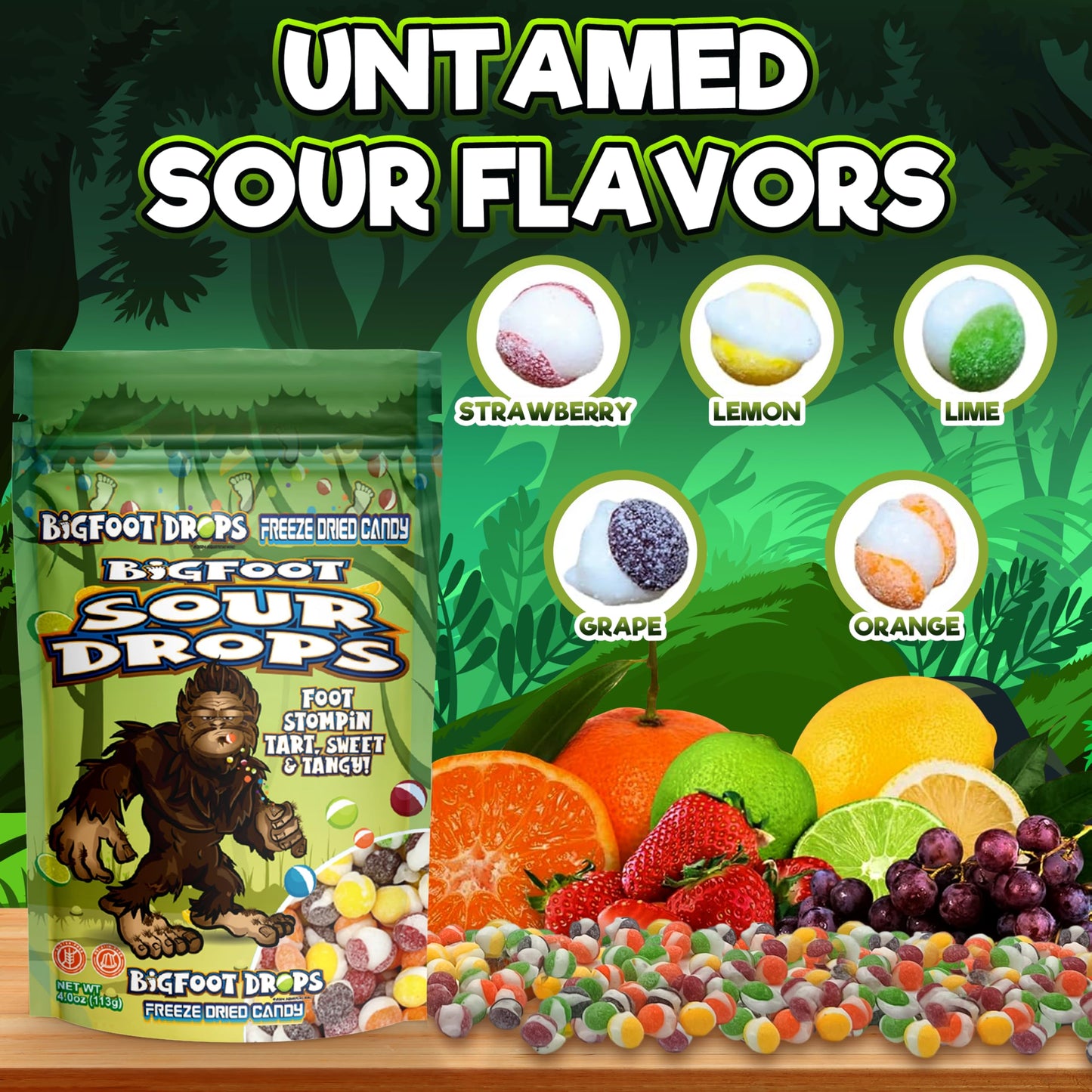 Bigfoot Sour Drops, Freeze Dried Candy, 4 Oz, Assorted Strawberry, Orange, Lemon, Grape, Lime Flavors, Bag Pouch, Ideal Gift Snack