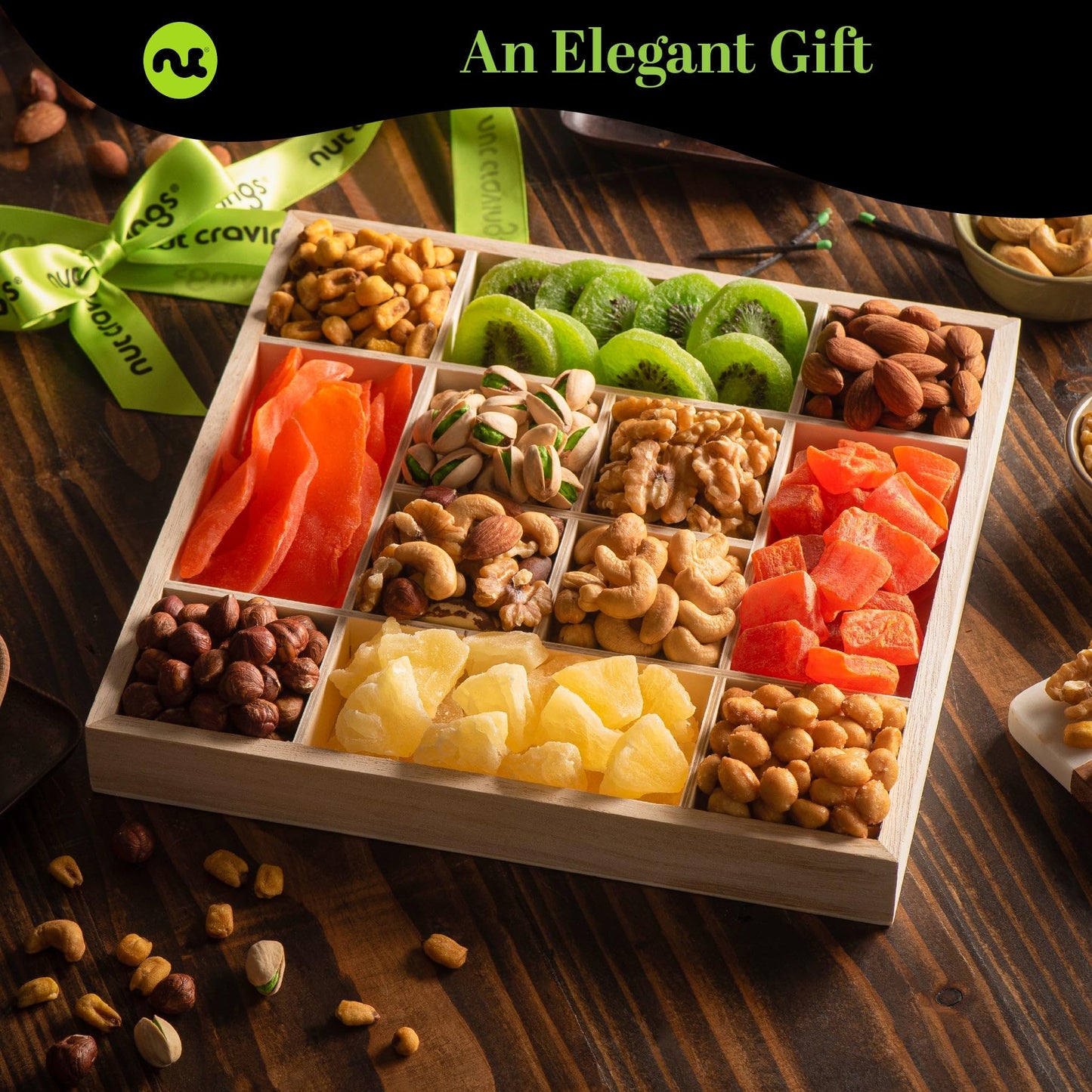NUT CRAVINGS - Holiday Xmas Christmas Dried Fruit & Mixed Nuts Gift Basket in Reusable Wooden Tray + Ribbon (12 Assortments) Food Arrangement  Healthy Snack Care Package