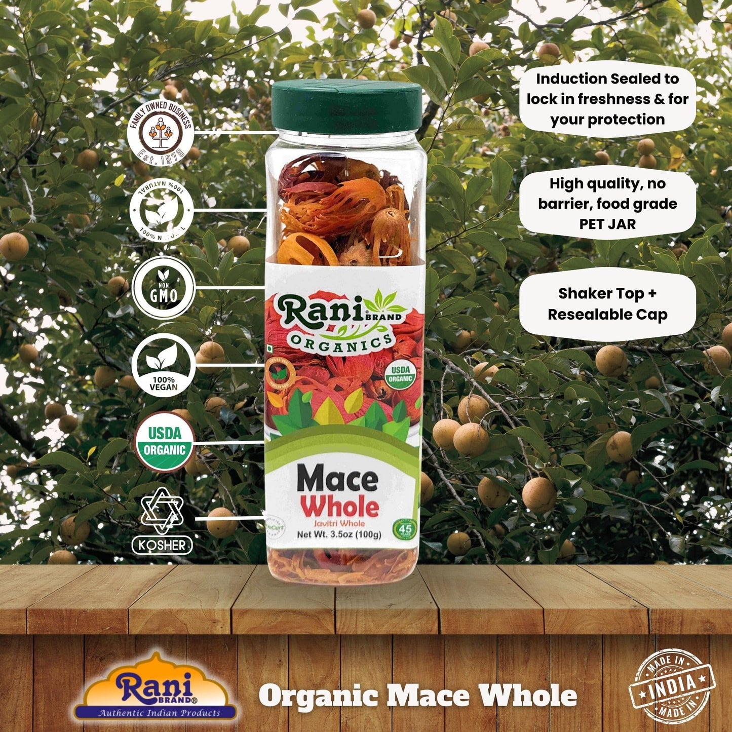 Rani Organic Mace Whole Spice, 3.5oz (100g) PET Jar, All Natural, Vegan, Gluten Friendly, NON-GMO, Kosher, USDA Certified Organic