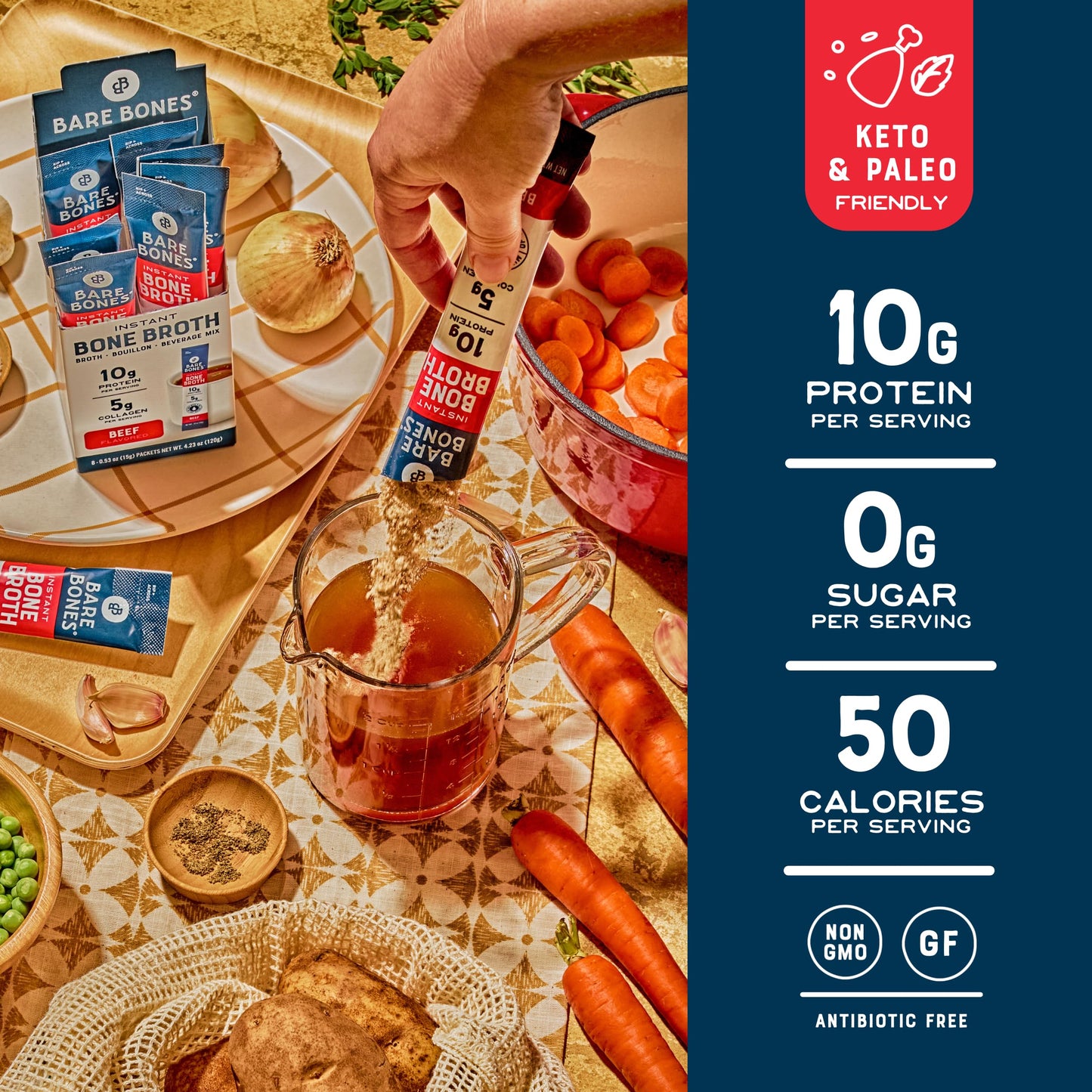 Bare Bones Beef Bone Broth Instant Powdered Mix | Rich Savory Packets on-the-Go No Artificial Flavors | 100% Grass Fed Keto & Pa