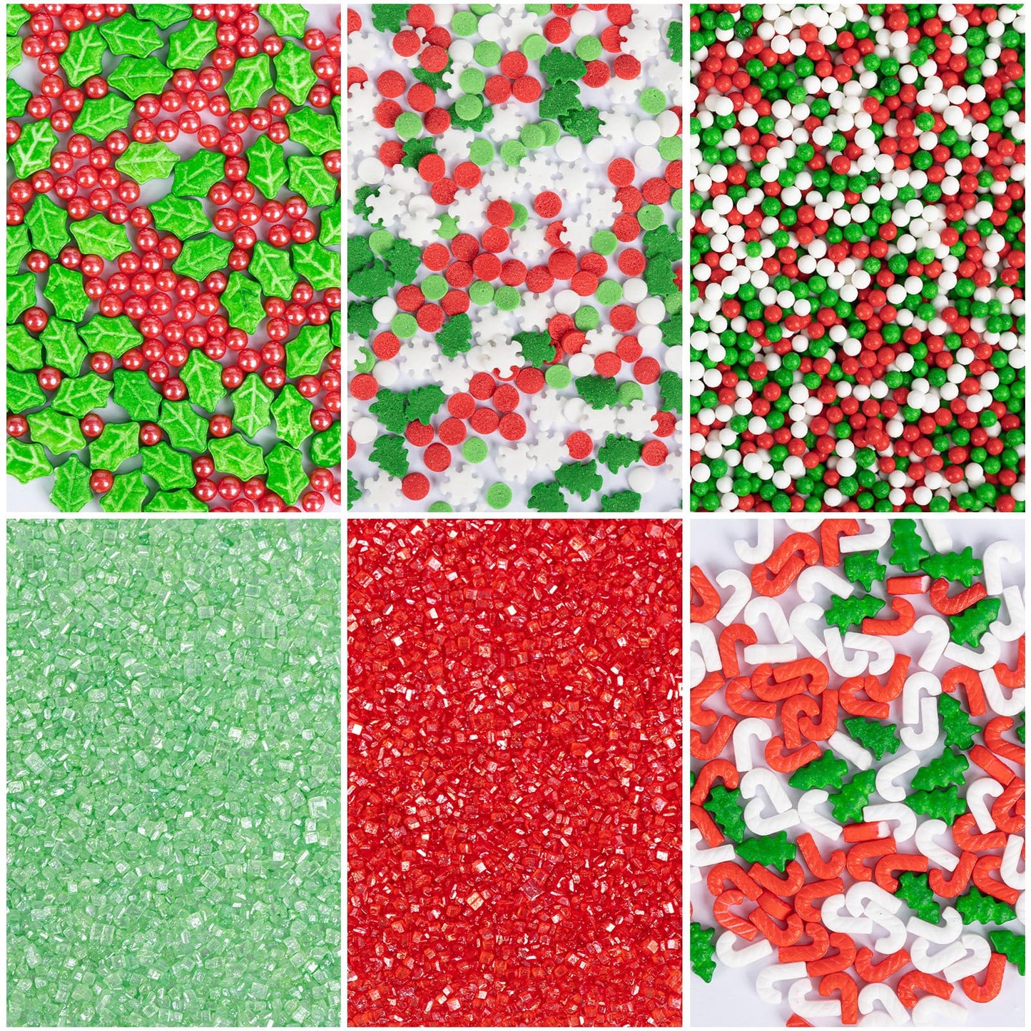 Twisweet Christmas Sprinkles 6 Cell-6.7oz Edible Pearls for Cake Decorating, Red Green Sanding Sugar Sprinkles Xmas Tree Candy C