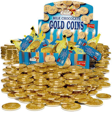 Elite Milk Chocolate Gold Coins, Individually Wrapped, Mesh Bags Filled With Menora Embossed Hanukkah Gelt Coins, Gluten Free, 0