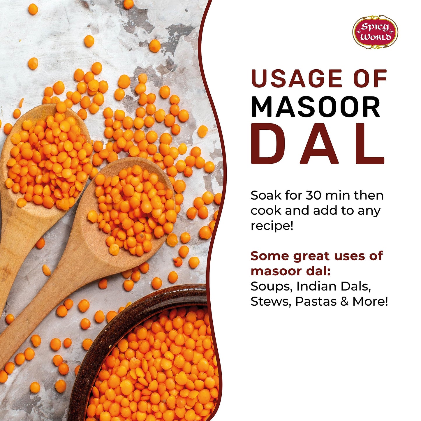 Spicy World Masoor Dal 8 Pound Bag (128oz) - Red Lentils Split - All Natural