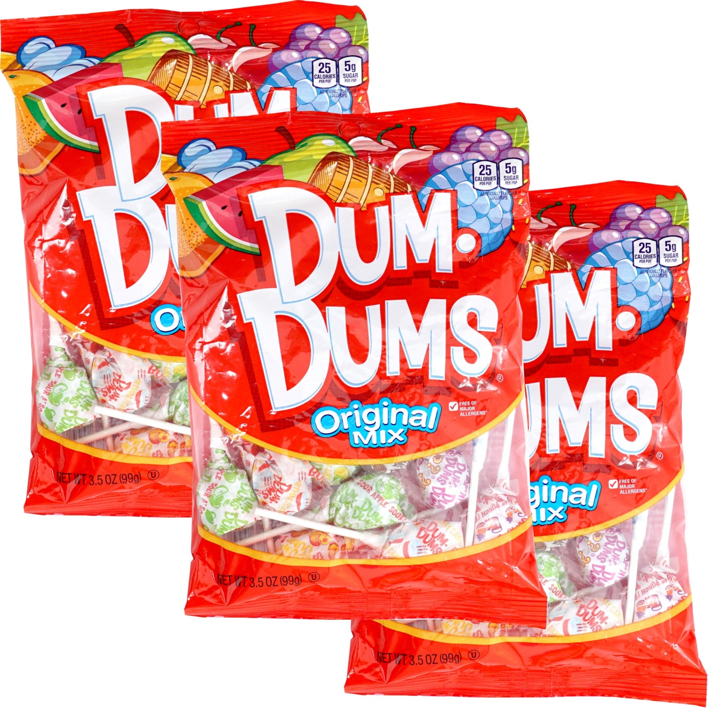 Dumdums Original Mix Lollipops, 3.5 Ounce Bags (Pack Of 3), Approx. 42 Lollipops Total (14 Lollipops Per Bag), Gluten Free Hard
