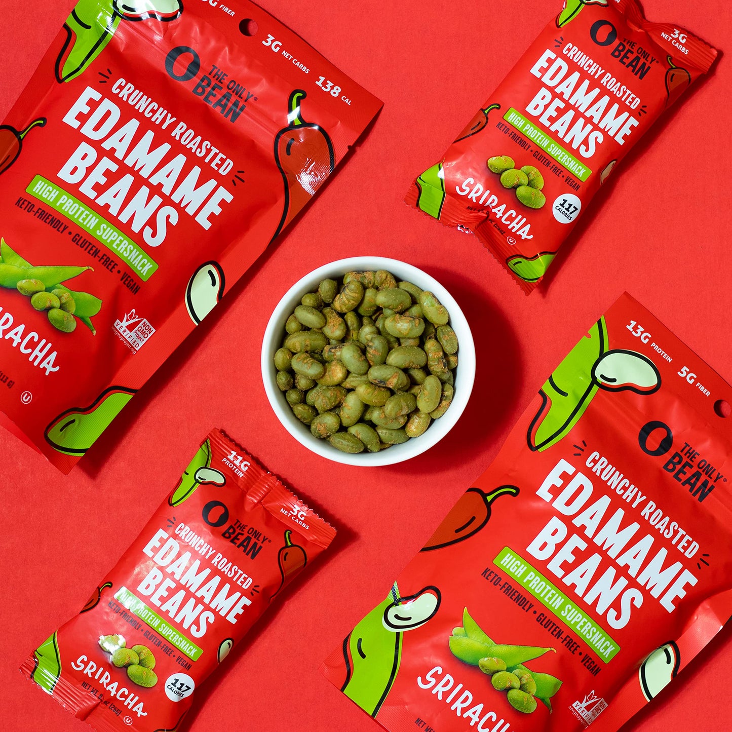 The Only Bean Crunchy Roasted Edamame Snacks Pack (Sriracha), Protien Keto Food, Gluten Free, Asian Chinese Korean Japanese Snac
