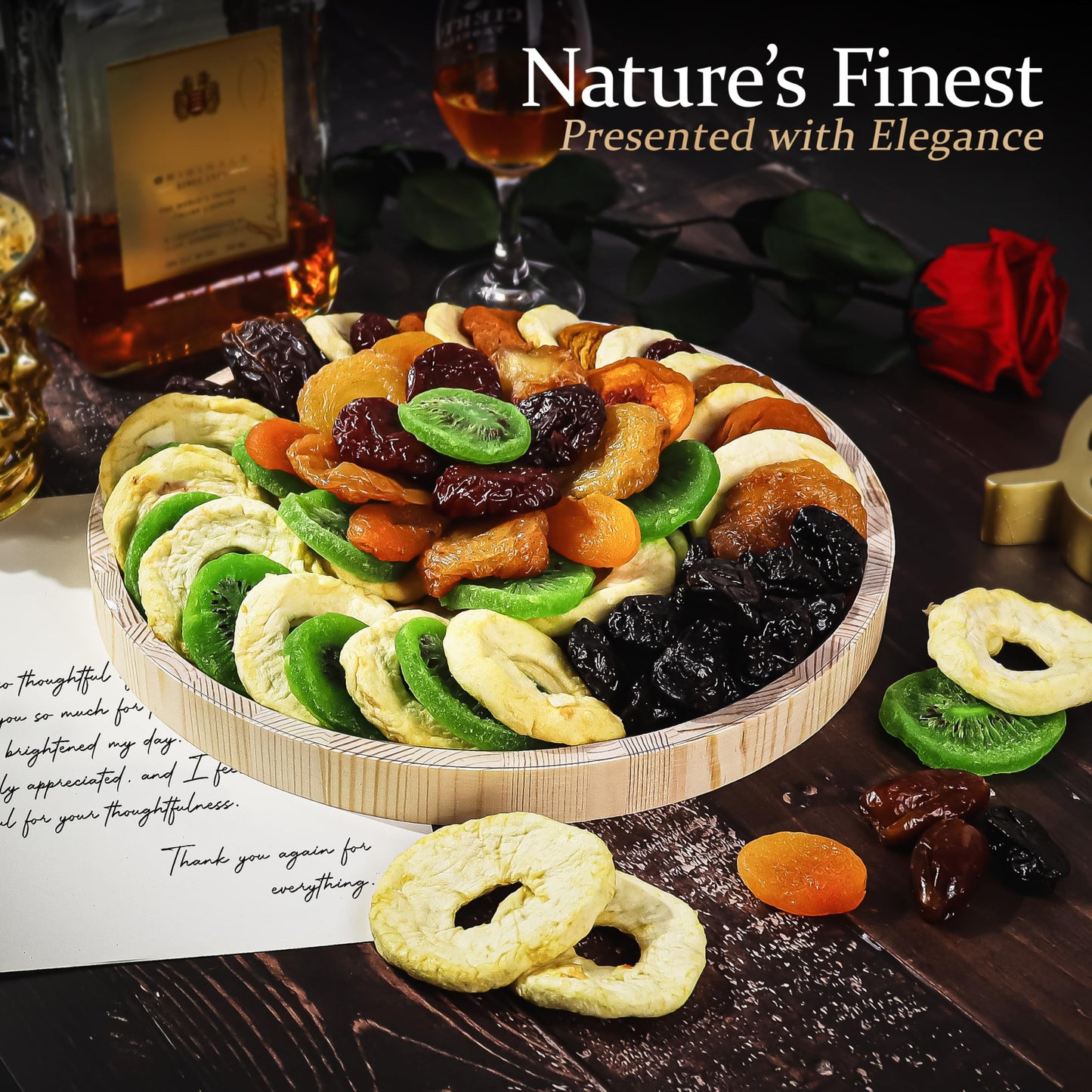 Dried Fruit Gift Basket - Gourmet Dry Fruit Tray In Wooden Platter - Healthy Snack Food Gift Basket For Women And Men - Perfect