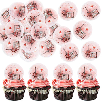 Ercadio 40 Pack Edible Paris Party Cupcake Toppers Pink Paris Theme Cake Decoration Picks Romantic Roses Eiffel Tower Balloon fo