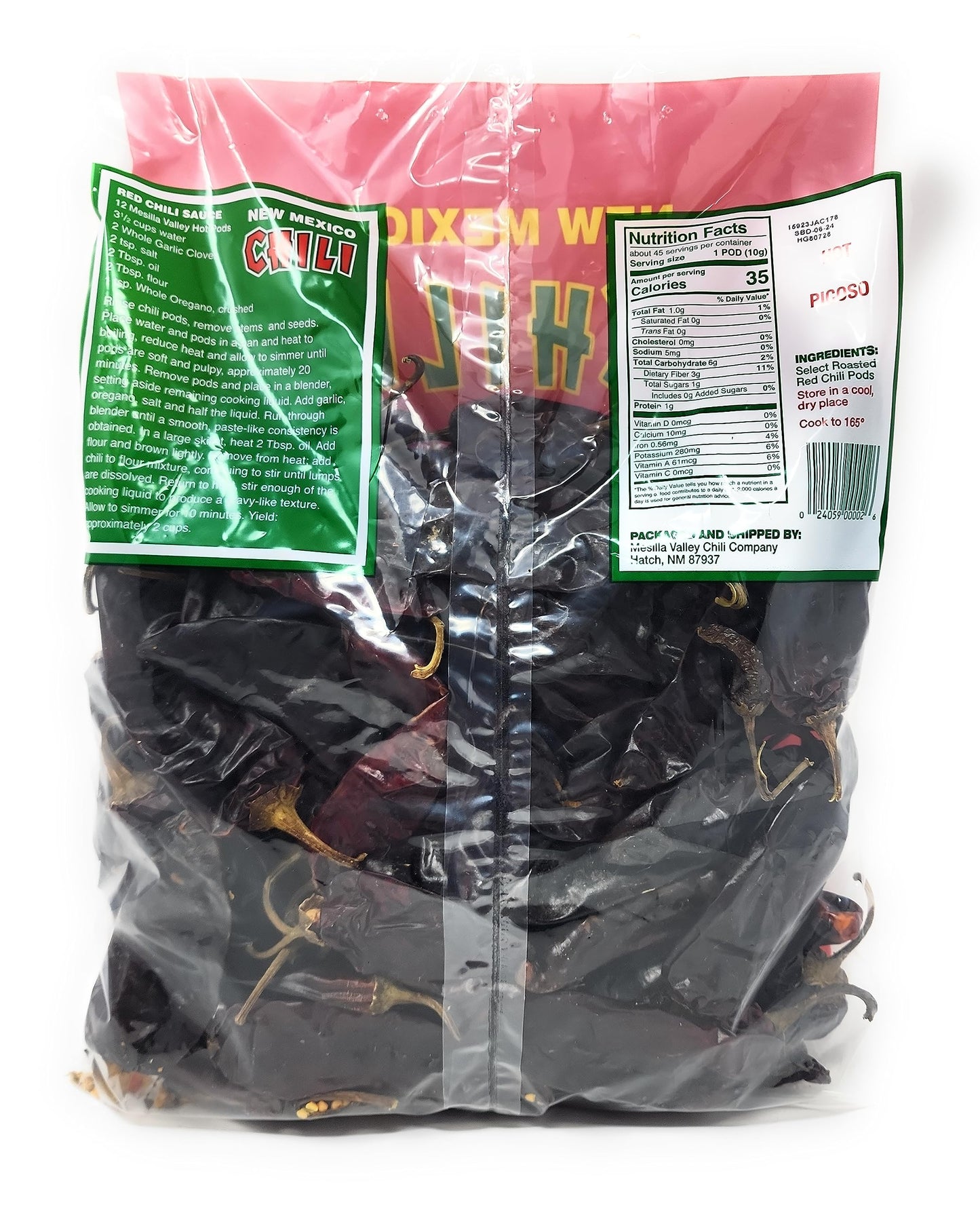 Barkers Dried Red Chili Pods - Hot, 16 Ounces - Grown in World Famous Chili Region Hatch, NM - No Preservatives, USA Product!