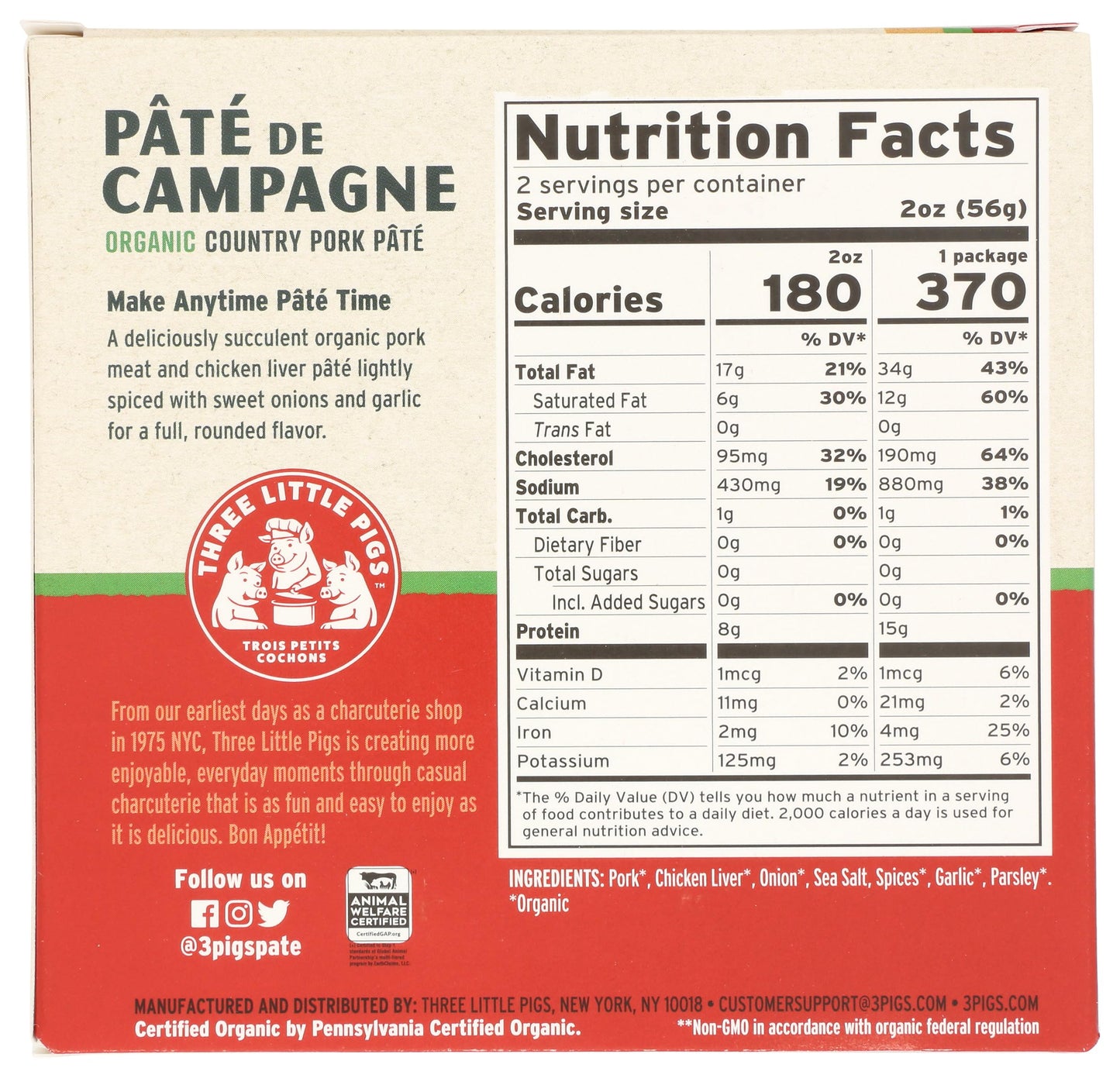 Les Trois Petits Cochons, Organic Pate de Campagne - Organic Country Pork Pate, 4 oz