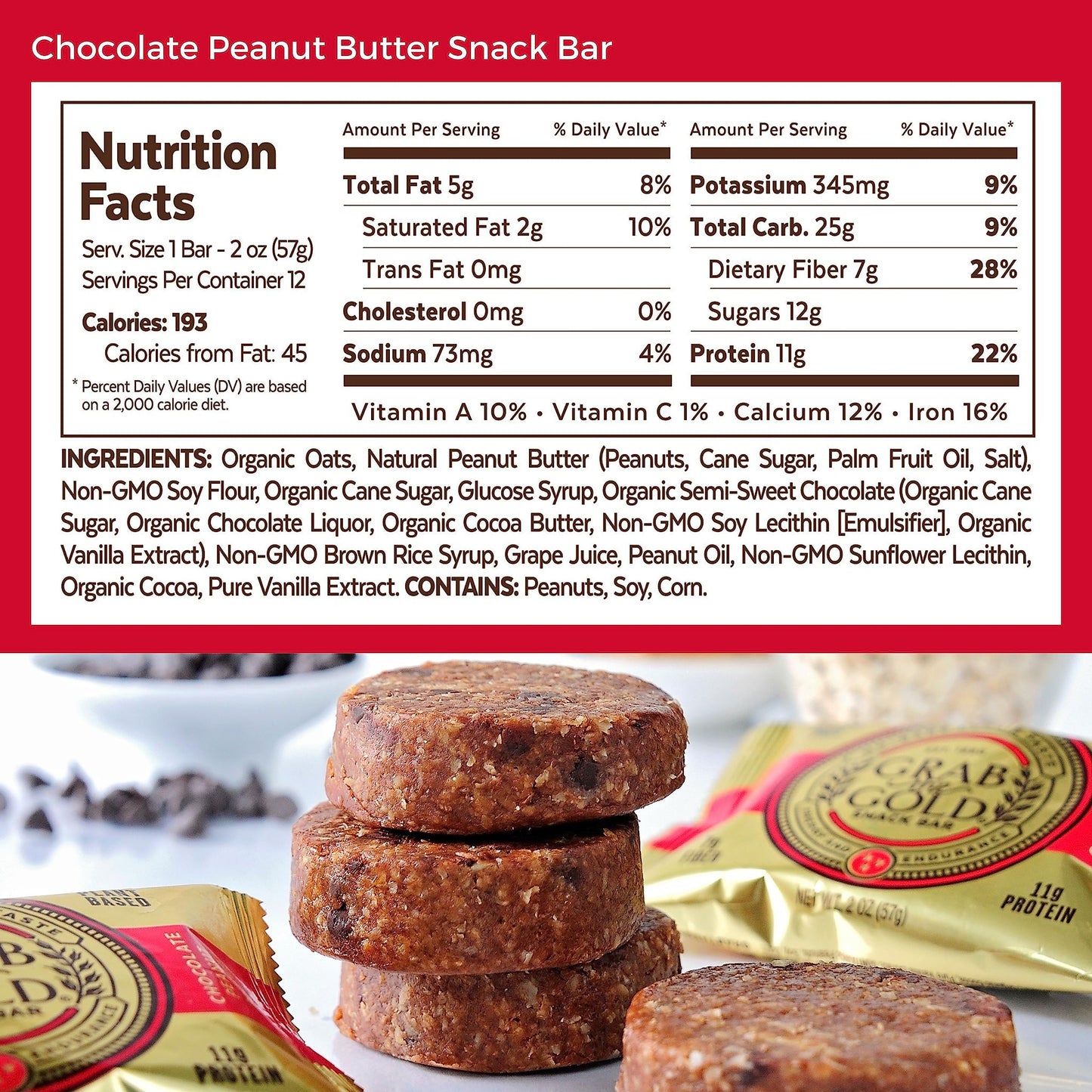 Snack Bars By Grab The Gold - Organic, Gluten Free, Vegan, Kosher, & Dairy Free - 11G Of Protein - Chocolate Peanut Butter (14 C