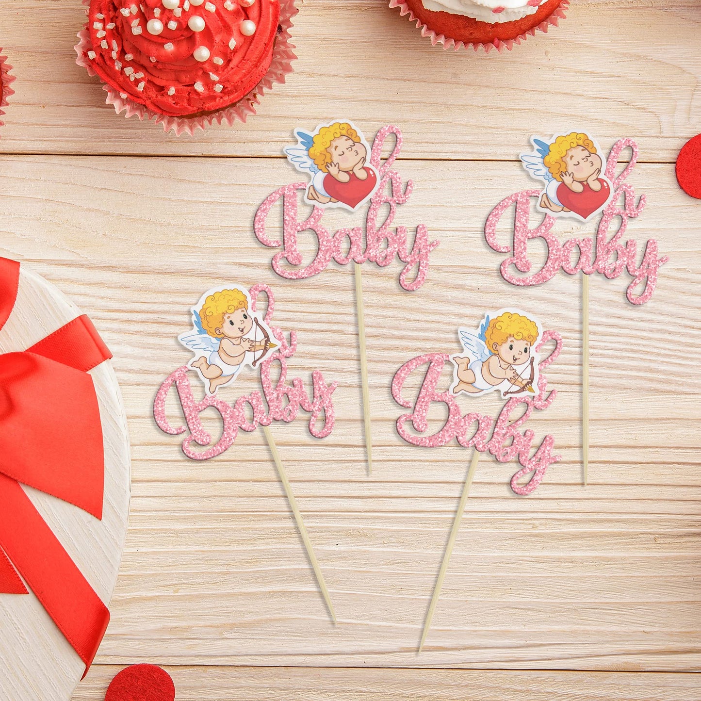 Gyufise 24Pcs Valentine Oh Baby Cupcake Toppers Pink Glitter Cupid Babyshower Cupcake Picks Decorations For Valentine'S Day Them