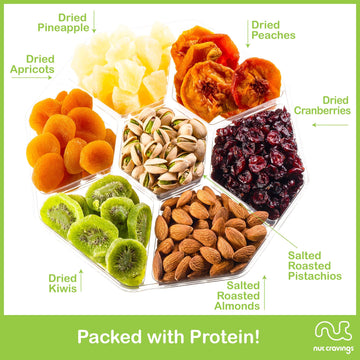 Nut Cravings Gourmet Dried Fruit & Mixed Nuts Gift Basket, 1 LB, Green Ribbon, 7 Assortments, Healthy Corporate Care Package