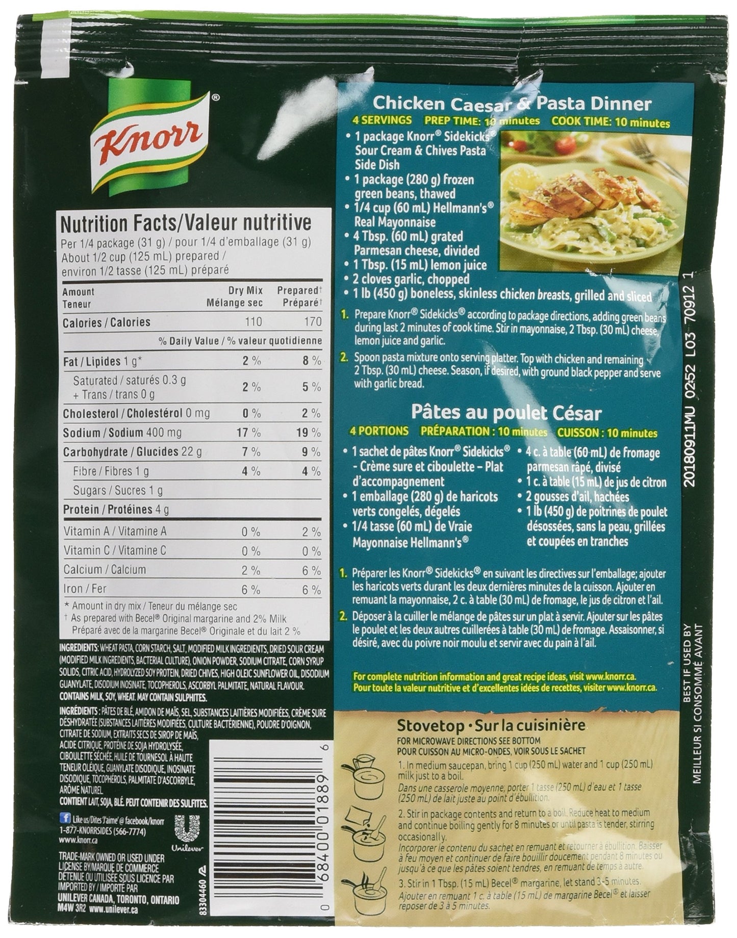Knorr Sidekicks Sour Cream & Chives Pasta 120g (Imported from Canada)