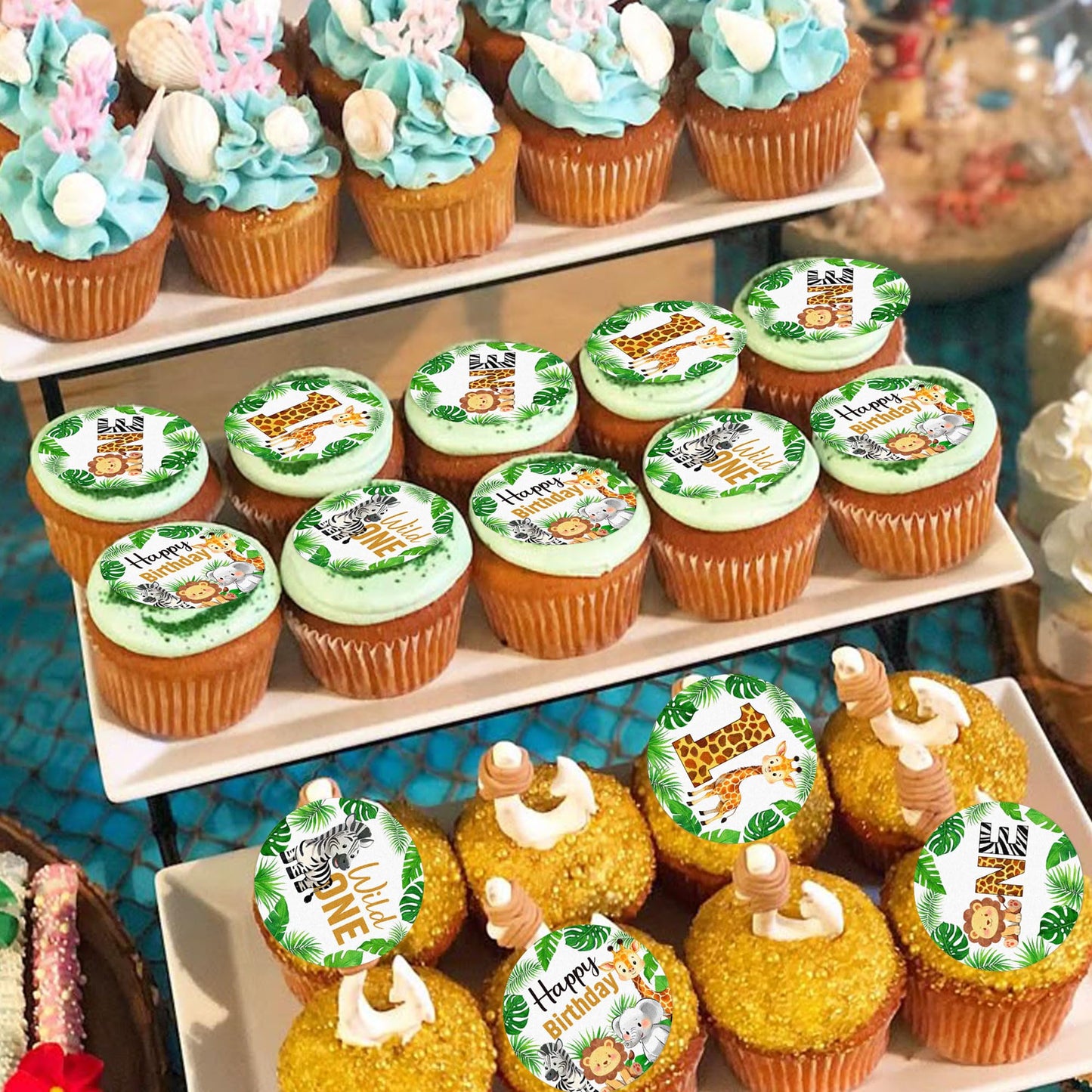 48 Pcs Wild One Cupcake Toppers Wafer Paper Animal 1St Birthday Decorations Cupcake Toppers For Jungle Safari Animal Theme Baby