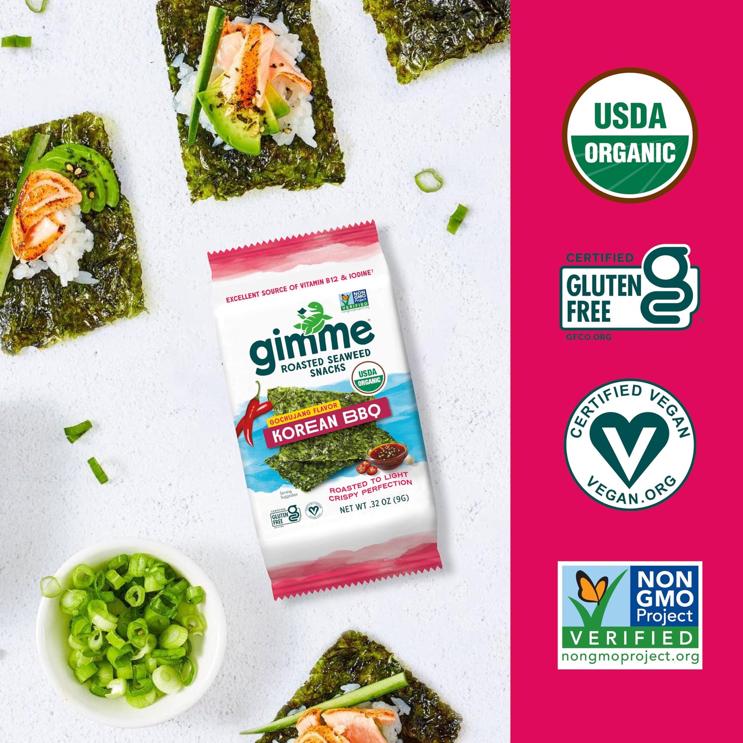 Gimme Seaweed - Korean BBQ - 6 Count - Organic Roasted Seaweed Sheets - Keto, Vegan, Gluten Free - Great Source of Iodine & Omeg