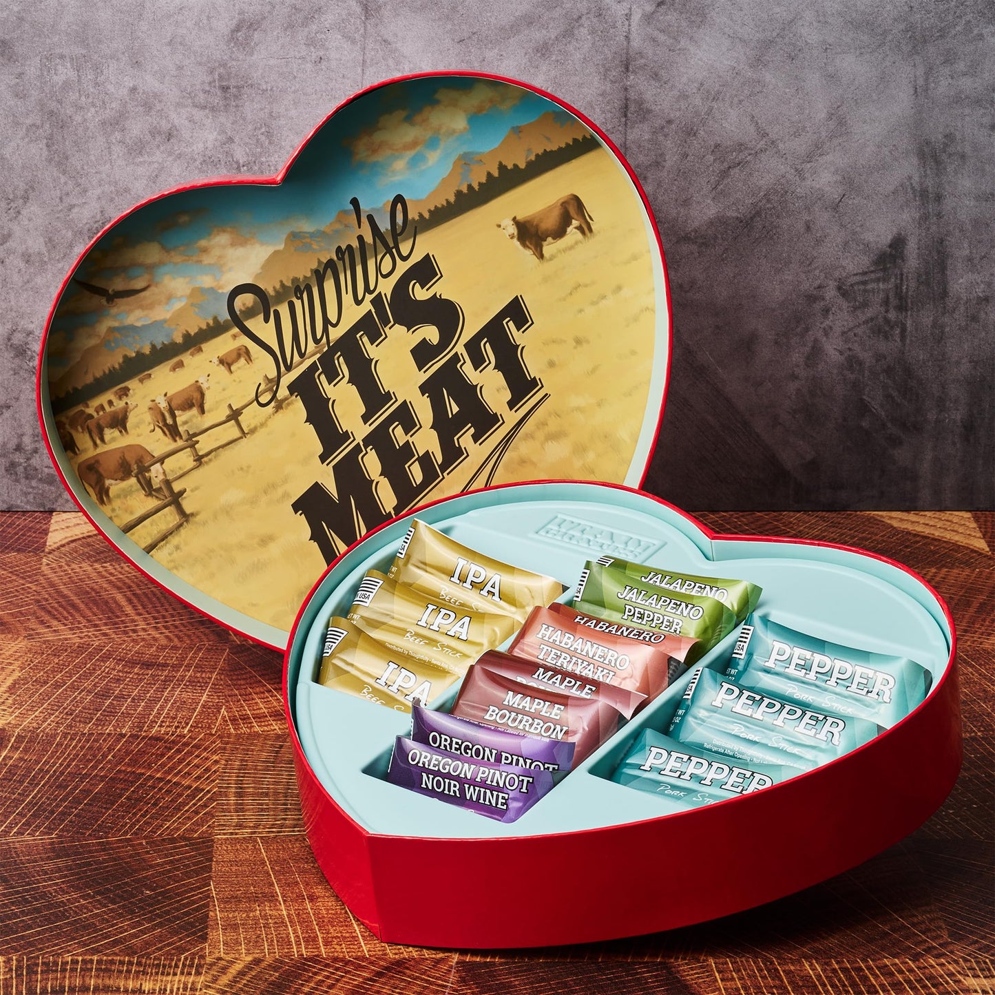 Man Crates Jerky Heart - 10 Beef Jerky Snacks Assortment - Includes spirit-inspired flavor Maple and Honey spirit-inspired flavor Flavors - Heart-Shaped Box