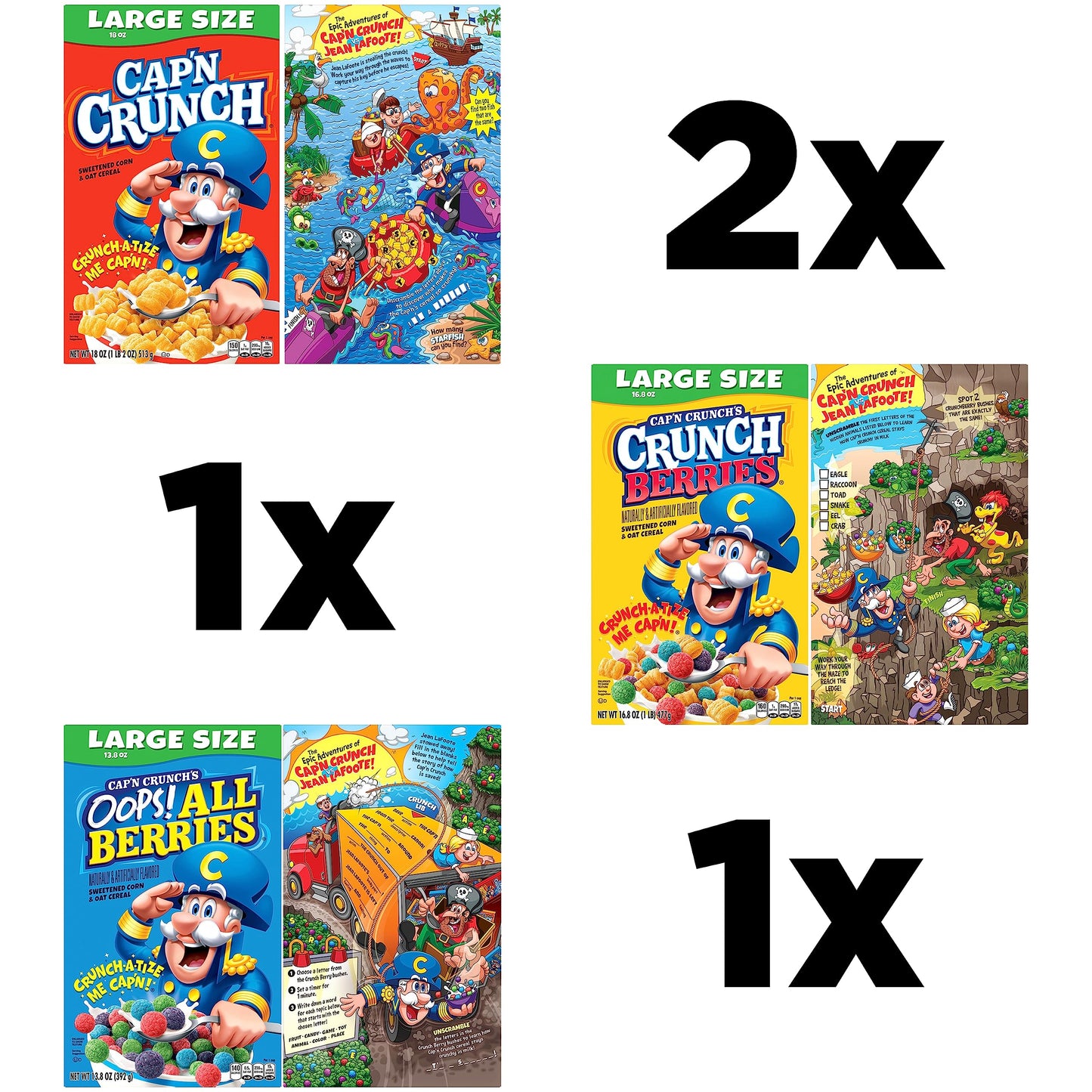 Cap'N Crunch Cereal, 3 Flavor Variety Pack, Large Size Boxes, (4 Pack)