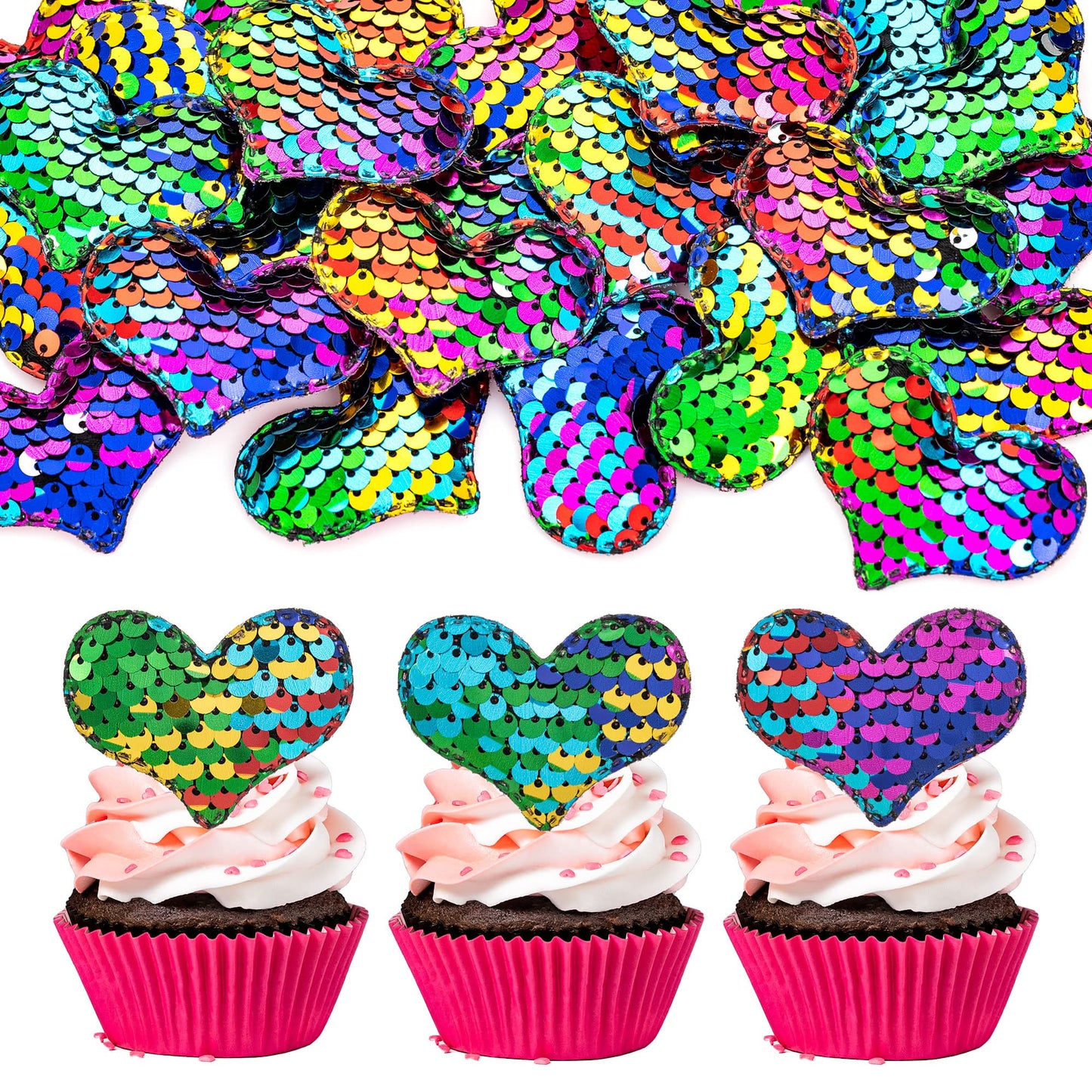 24Pcs Love Heart Cupcake Toppers Sequin Heart Multi Valentines Day Cupcake Picks Decorations For Valentine'S Day Theme Wedding E