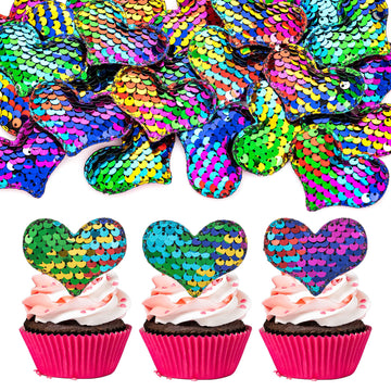 24Pcs Love Heart Cupcake Toppers Sequin Heart Multi Valentines Day Cupcake Picks Decorations For Valentine'S Day Theme Wedding E