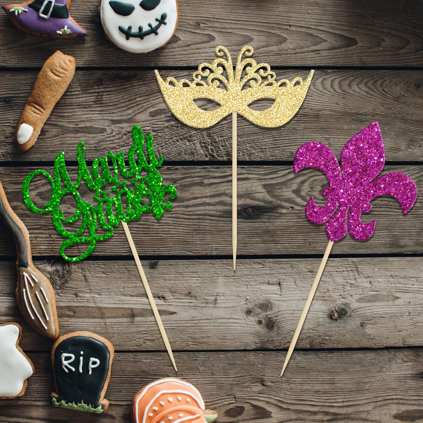 24Pcs Mardi Gras Cupcake Toppers Glitter Masquerade Cake Picks Mardi Gras Party Baby Shower Birthday Party Cake Decorations Supp