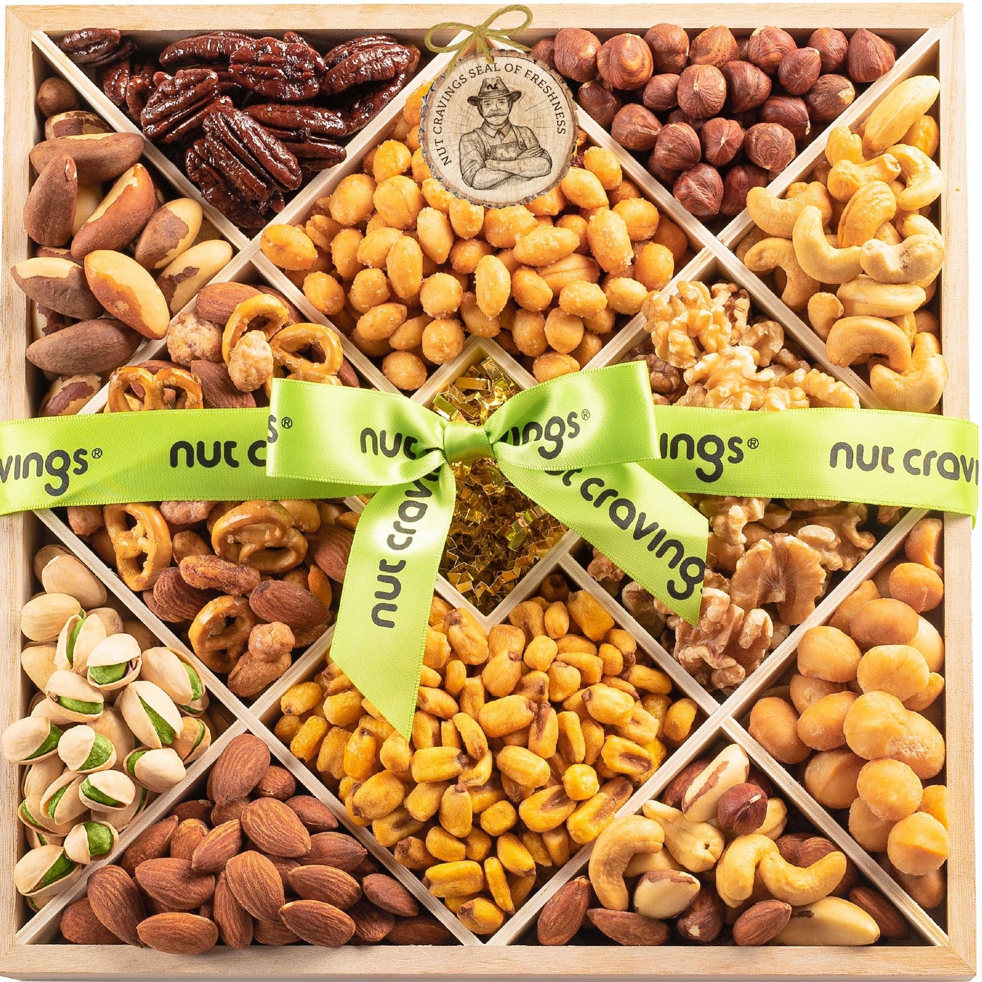 Nut Cravings Gourmet Collection - Diwali & Halloween Treats Mixed Nuts Gift Basket In Reusable Diamond Wooden Tray + Green Ribbo