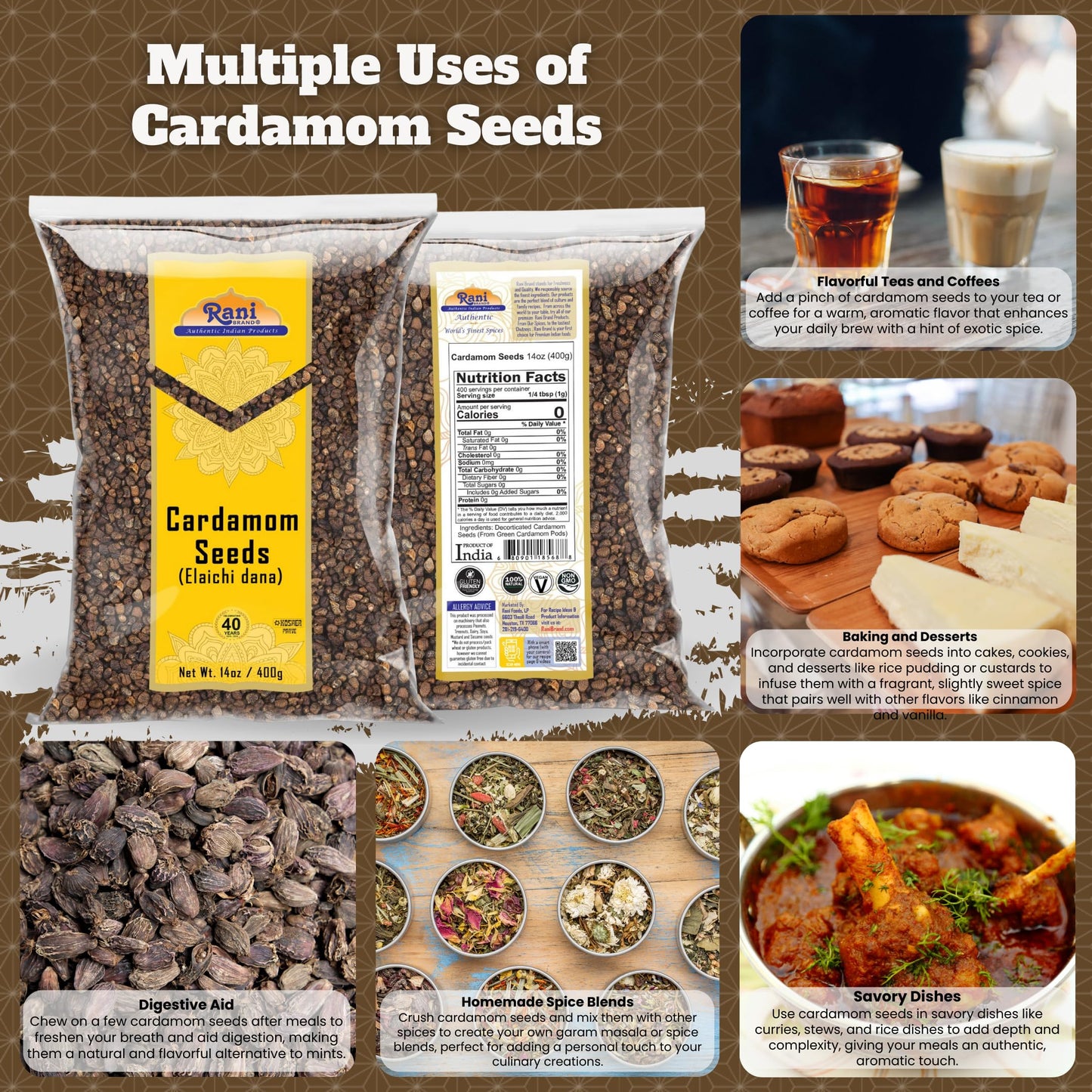 Rani Cardamom (Elachi) Decorticated Seeds Indian Spice 14oz (400g) ~ All Natural | Vegan | Gluten Friendly | NON-GMO | Indian Or